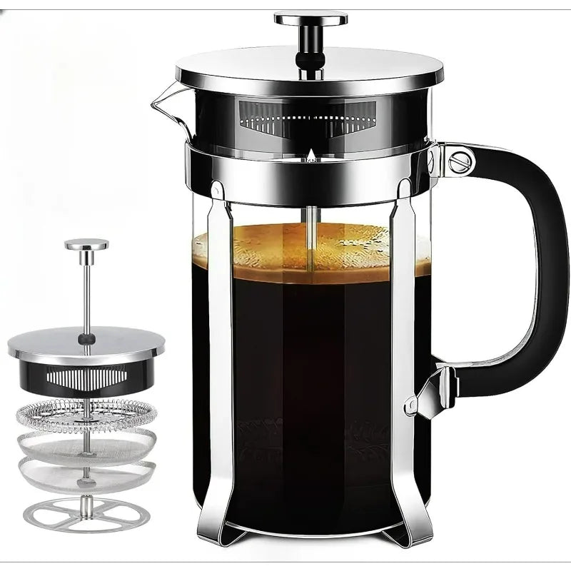 French press coffee maker with brewed coffee