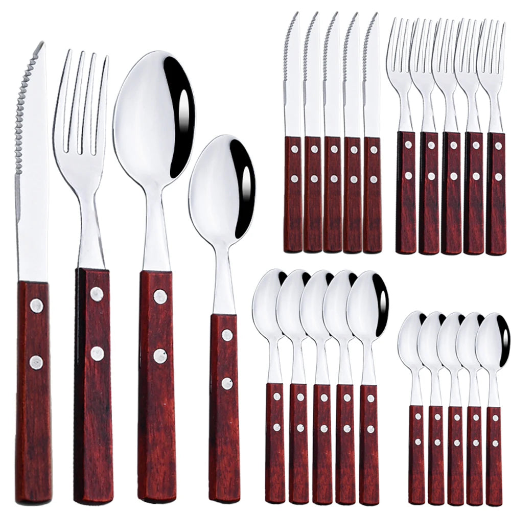 Wooden-Handled Cutlery Set, 24 Pieces