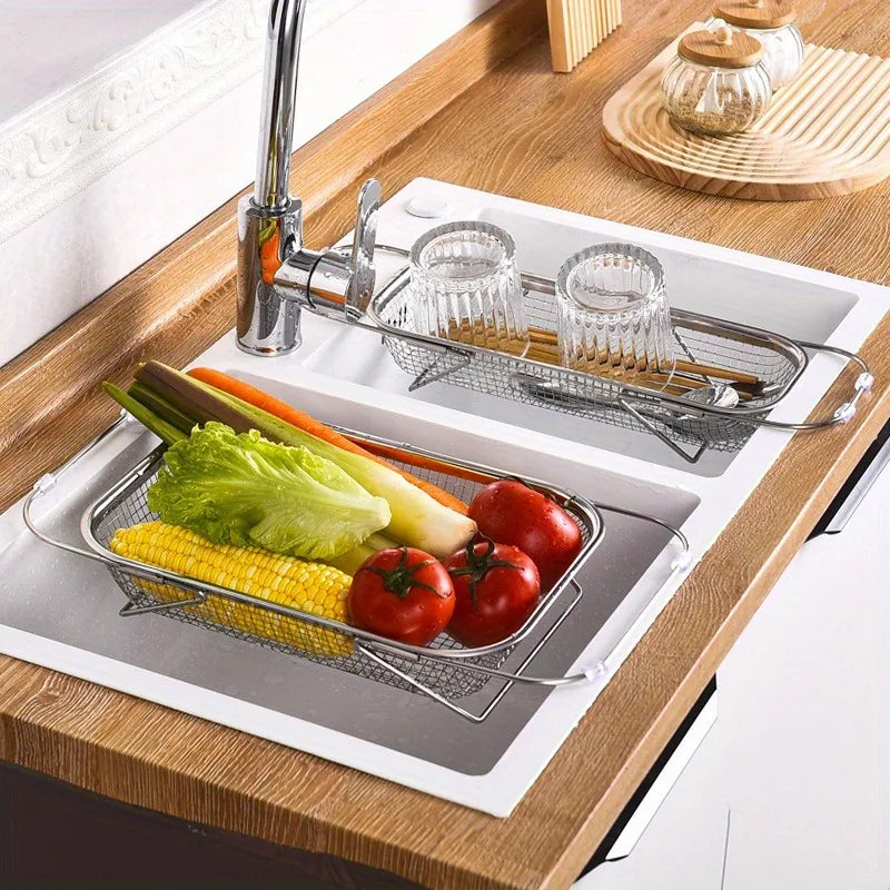 Over-sink colander holding vegetables across a sink