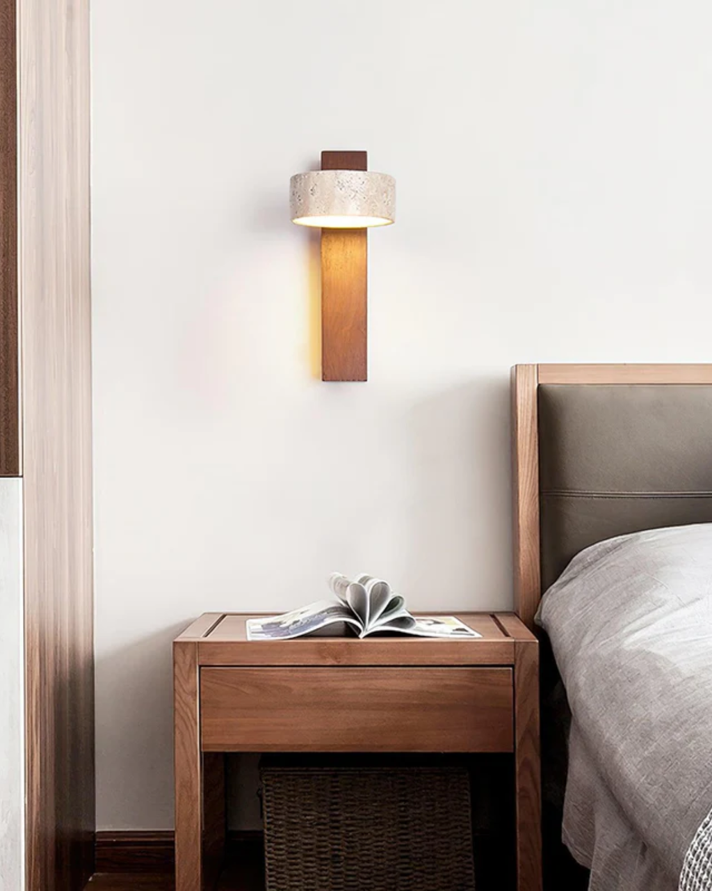 Travertine Wall Lamp | Modern Stone & Wood Sconce