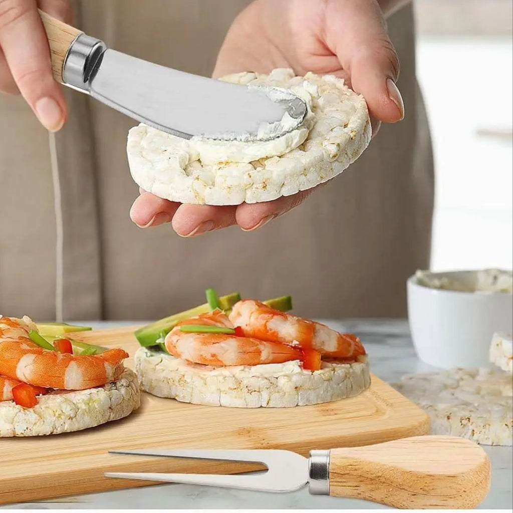 Bamboo charcuterie board set in use