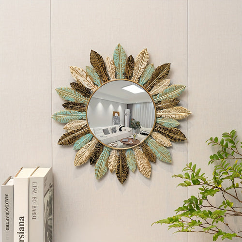 Miroir mural en métal bohème Sunburst | Motif feuilles de thé et or