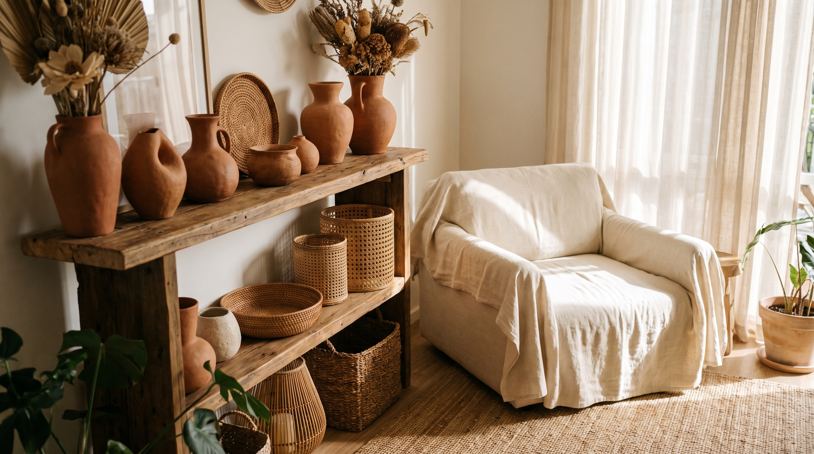 Norva Home hero - terracotta vases and cream armchair