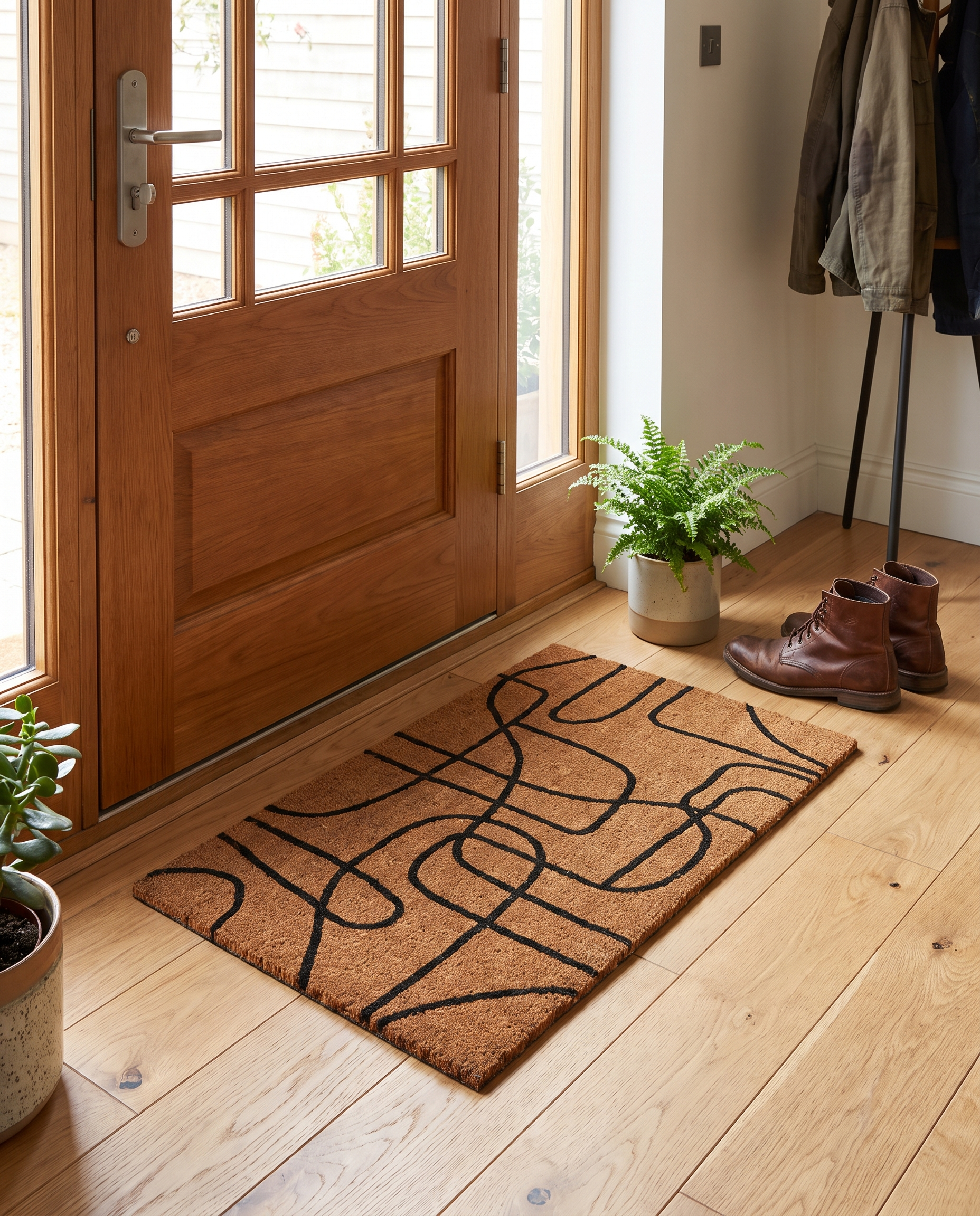 Door mat styled at a modern entryway