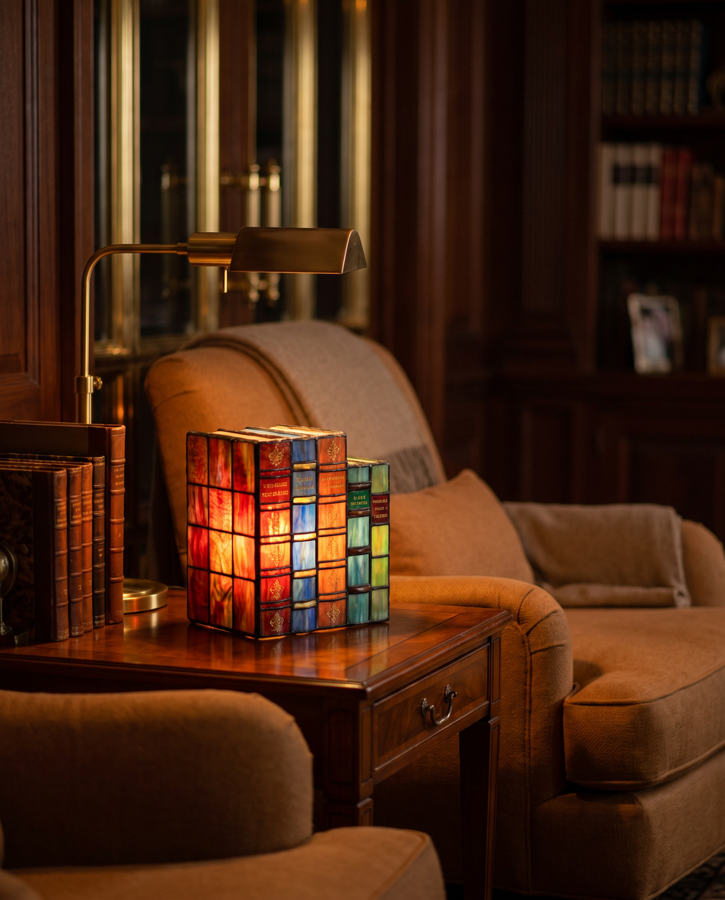 Stained Glass Book Lamp styled beside a reading armchair