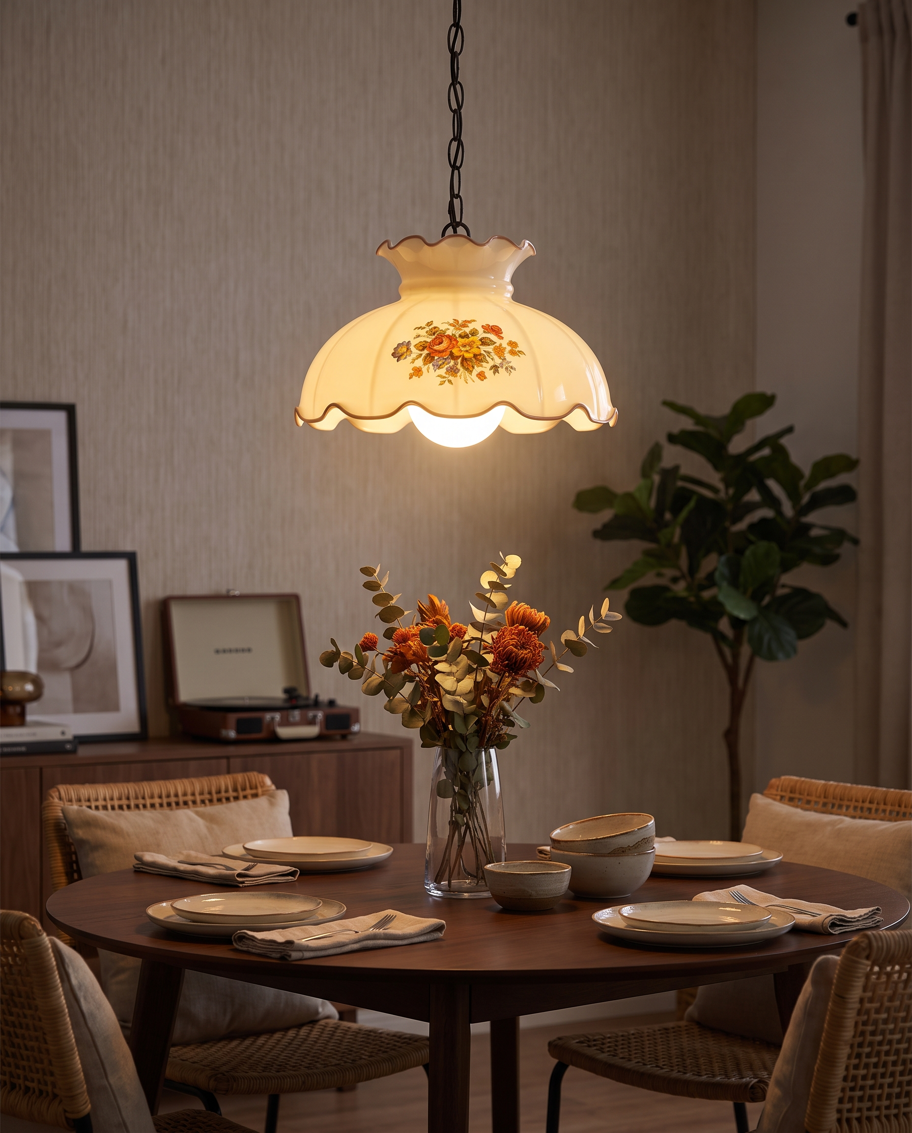Vintage flower pendant lamp styled above a dining table
