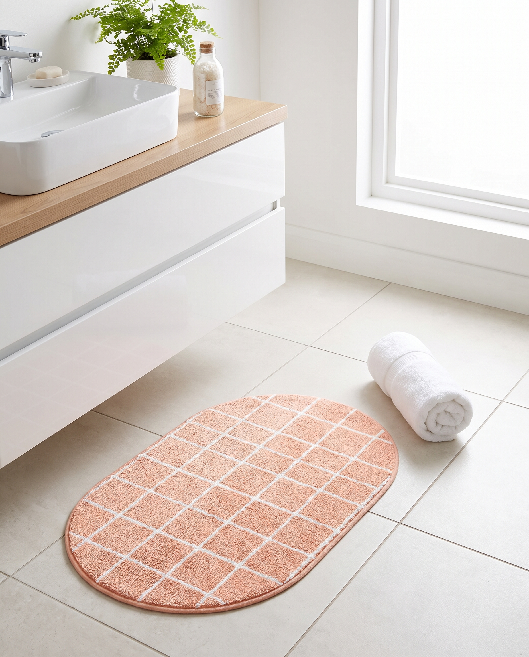 UltraSoft bath mat styled in a bright bathroom