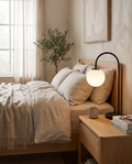Glowora LED table lamp styled on a bedroom nightstand