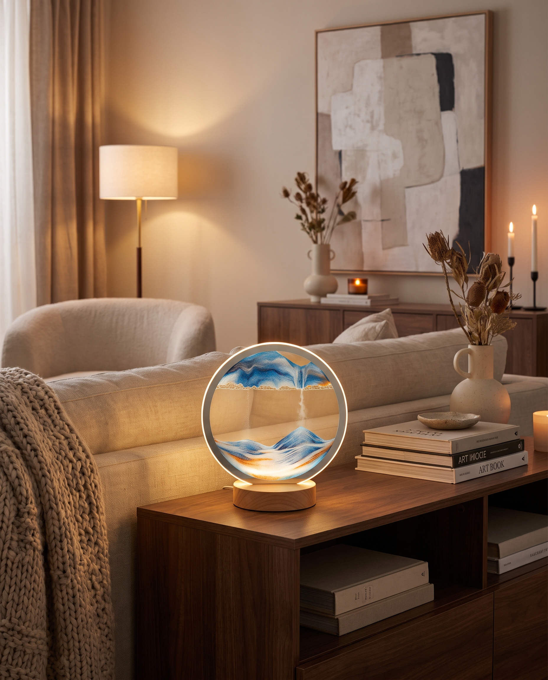 Sandlight quicksand lamp styled on a console table