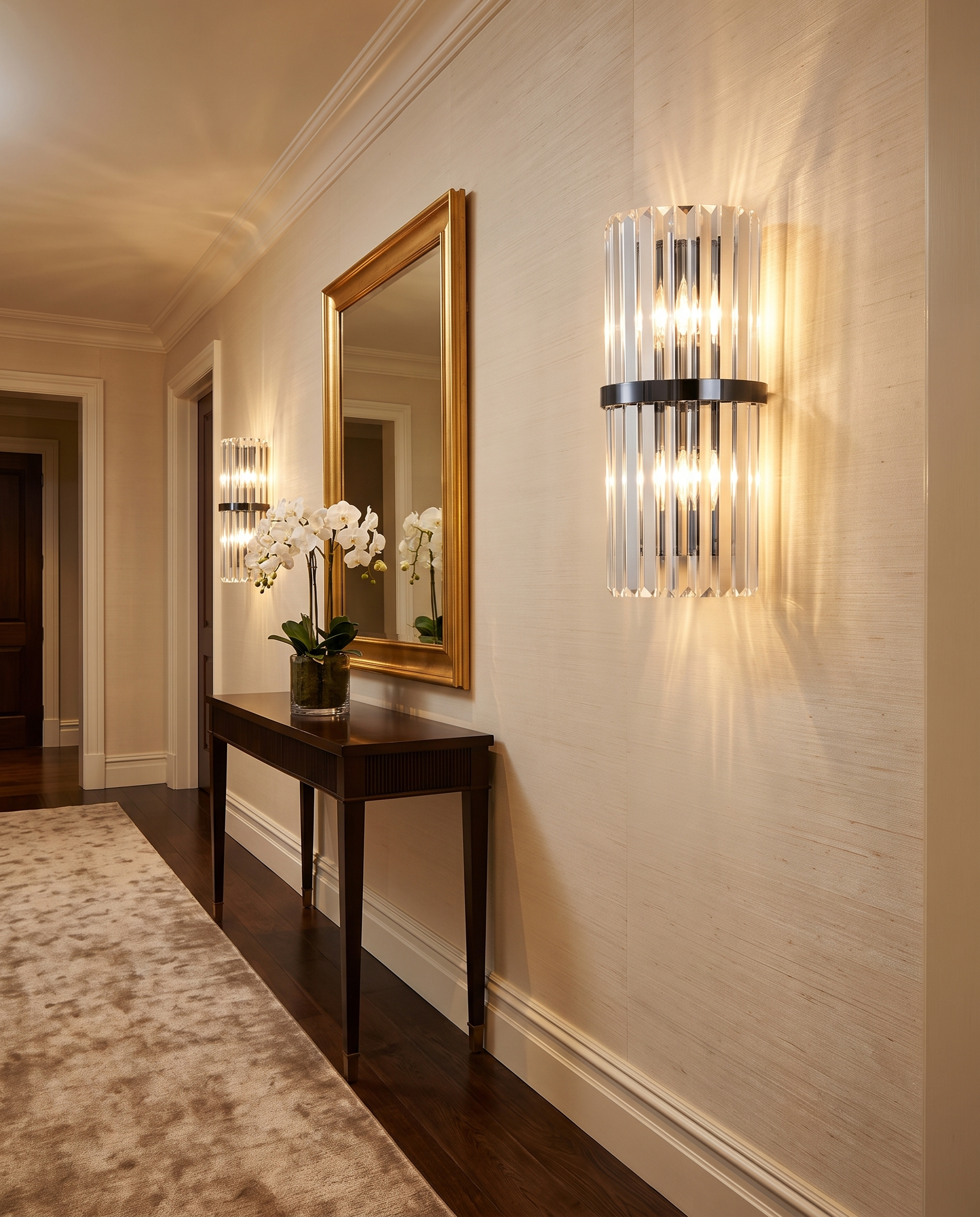 Crystal wall light styled in an elegant hallway