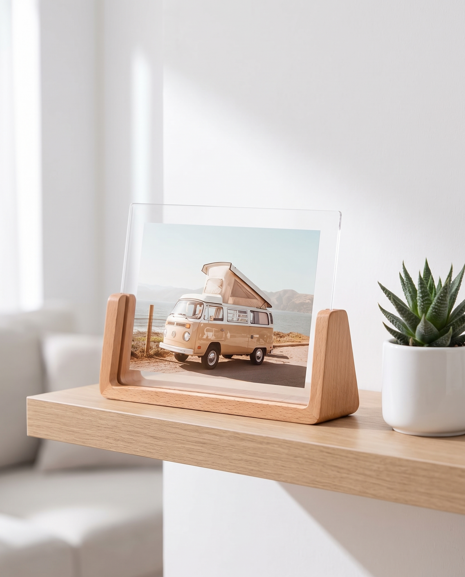 U-shaped photo frame styled on a minimalist shelf