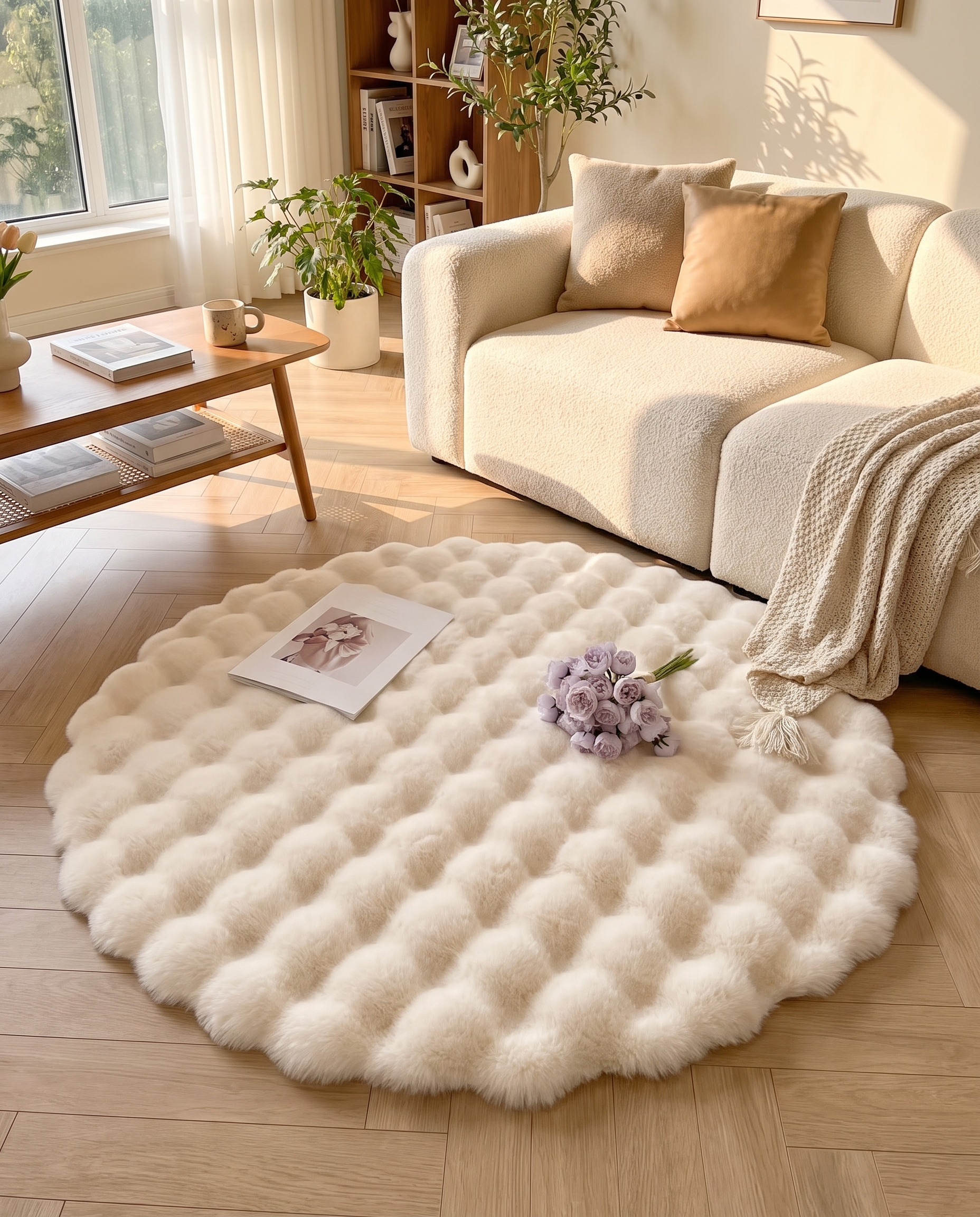 Cloud Comfort bubble rug styled beside a sofa