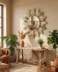 Bohemian sunburst mirror styled above a console table