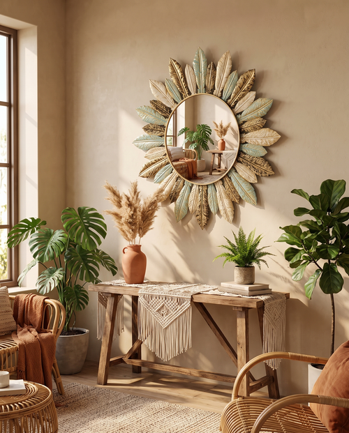 Bohemian sunburst mirror styled above a console table