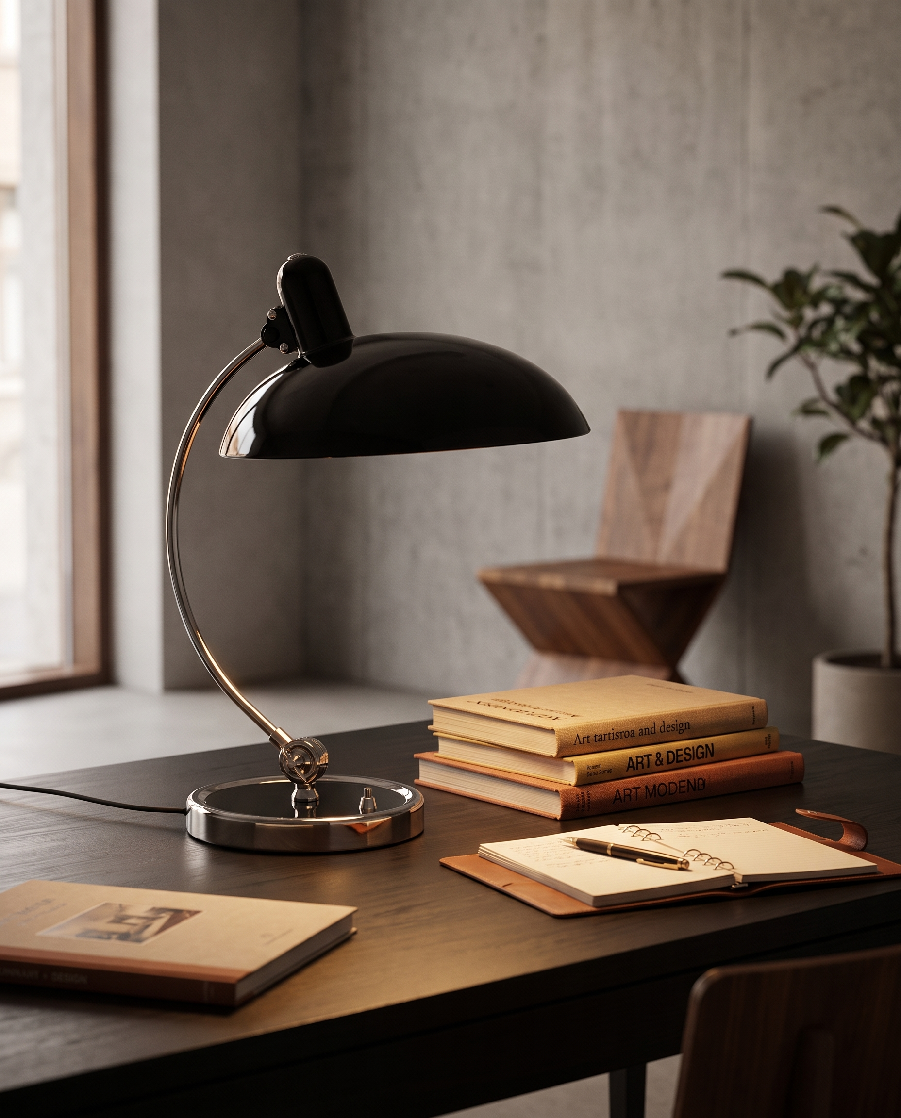 ScandiArc table lamp styled on a home office desk