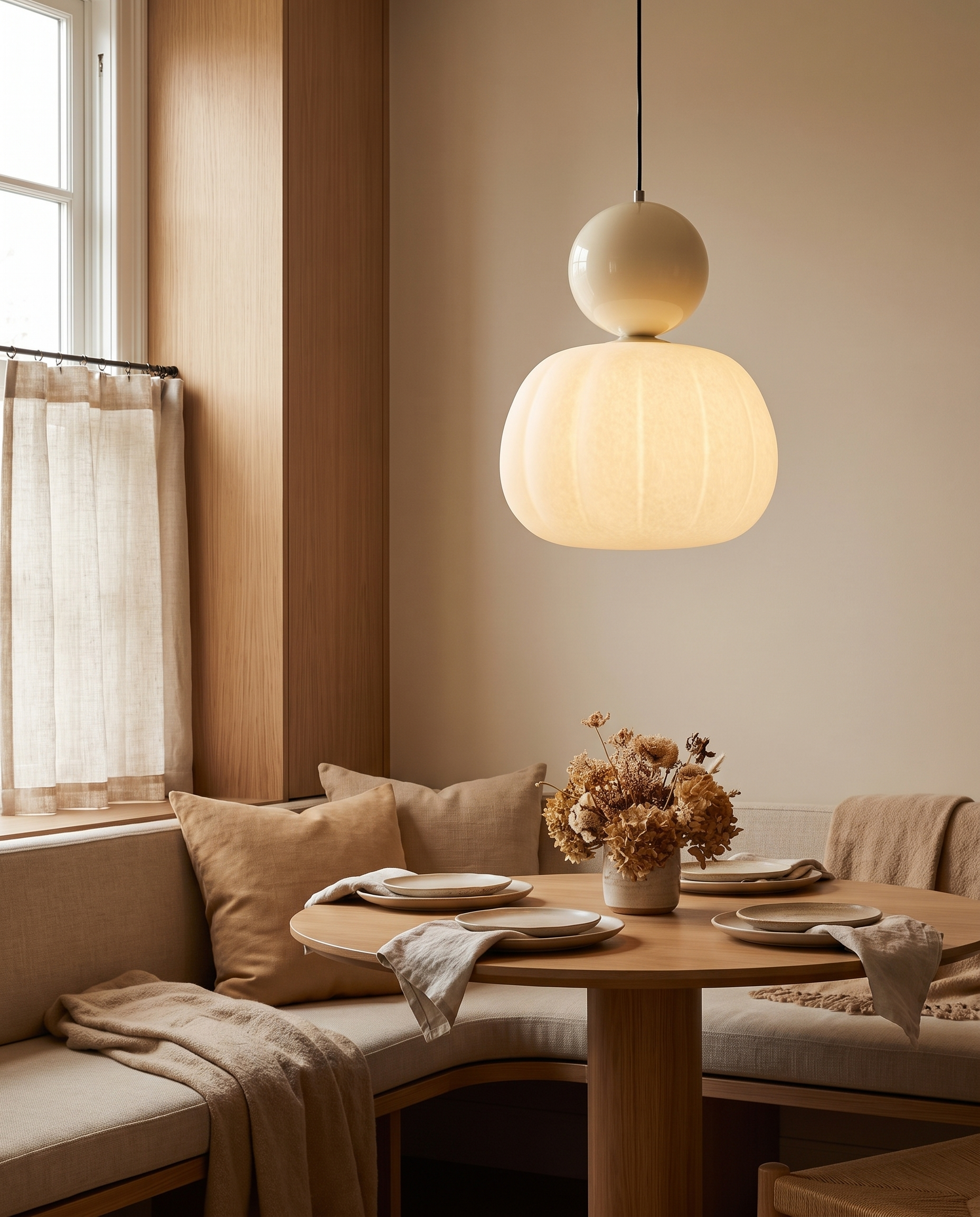 Nordic pumpkin pendant light styled above a dining nook
