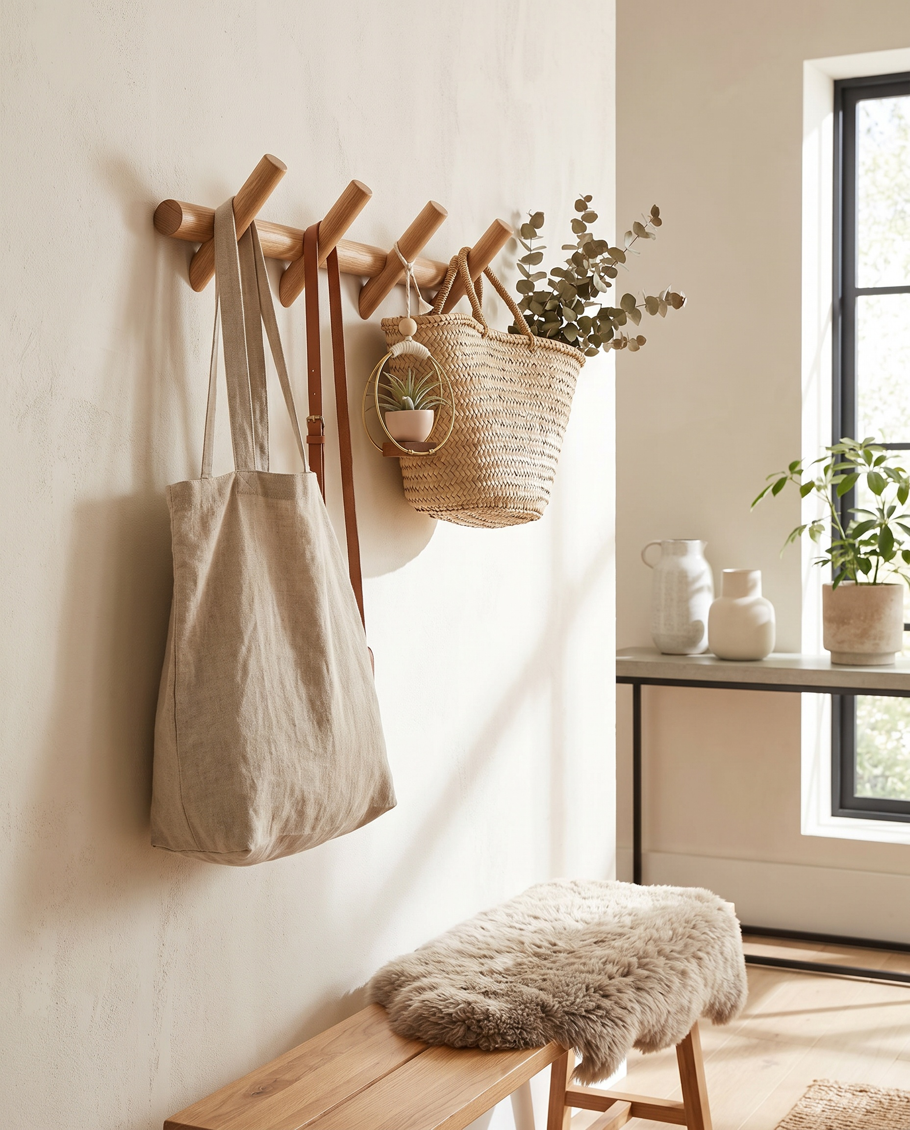 Maeve oak wall rack styled in a minimalist entryway