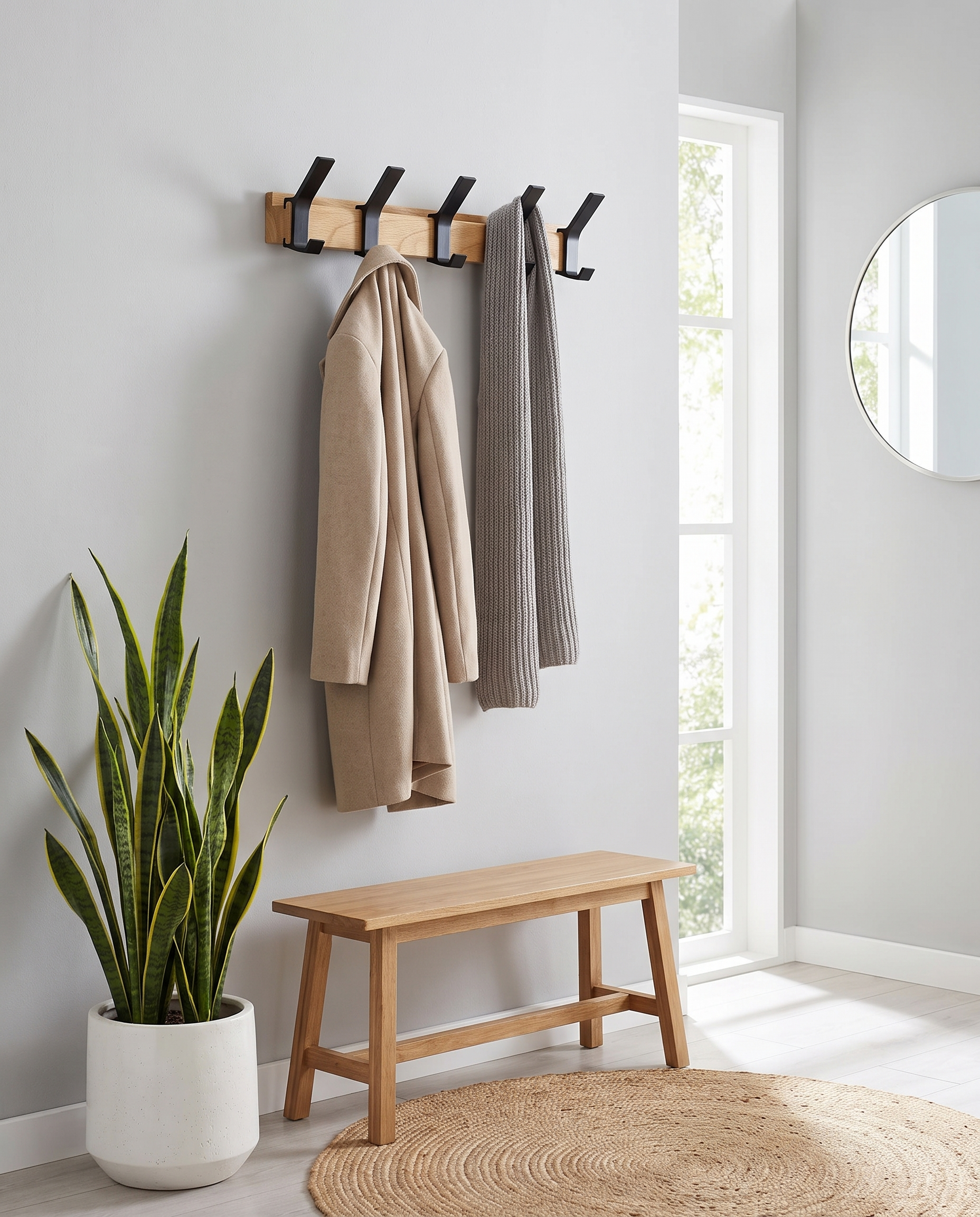 Nordic wall-mounted coat rack styled in a bright entryway
