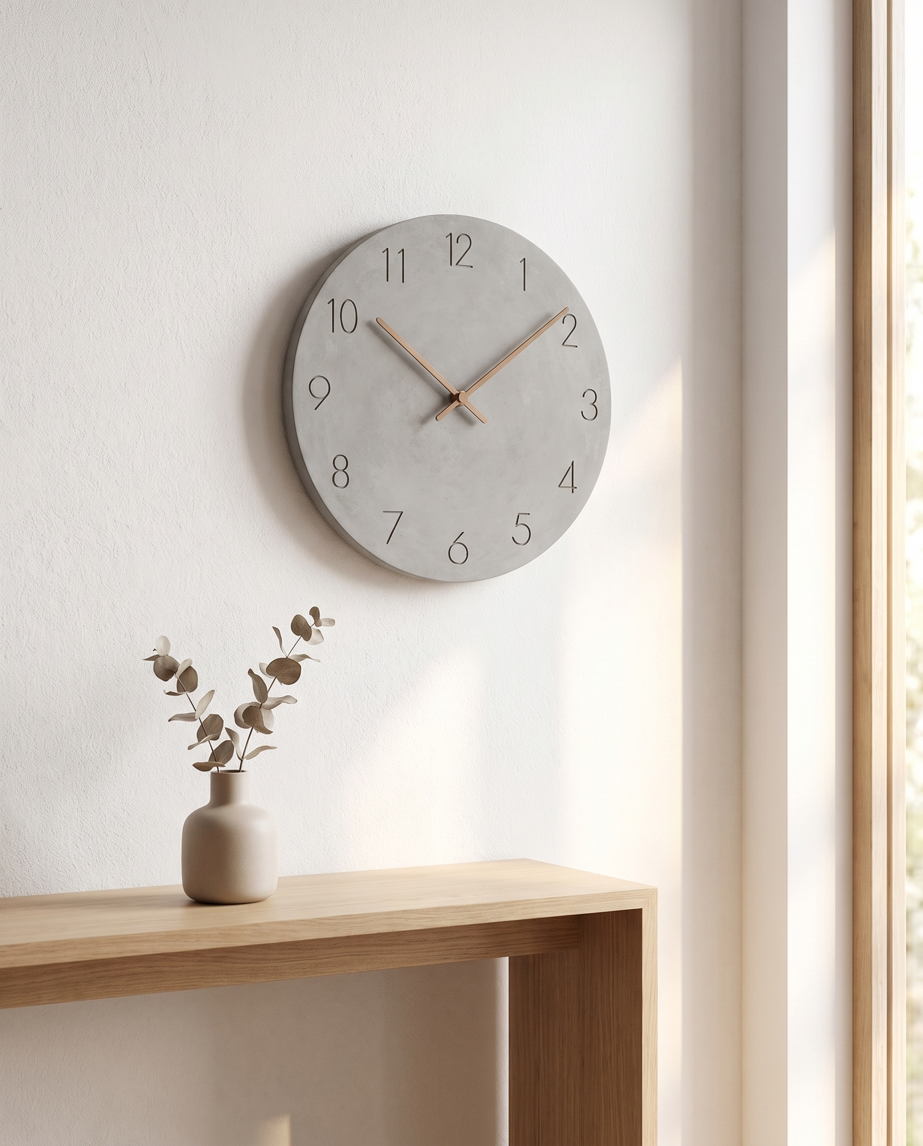 Nork wall clock styled above a minimalist console table