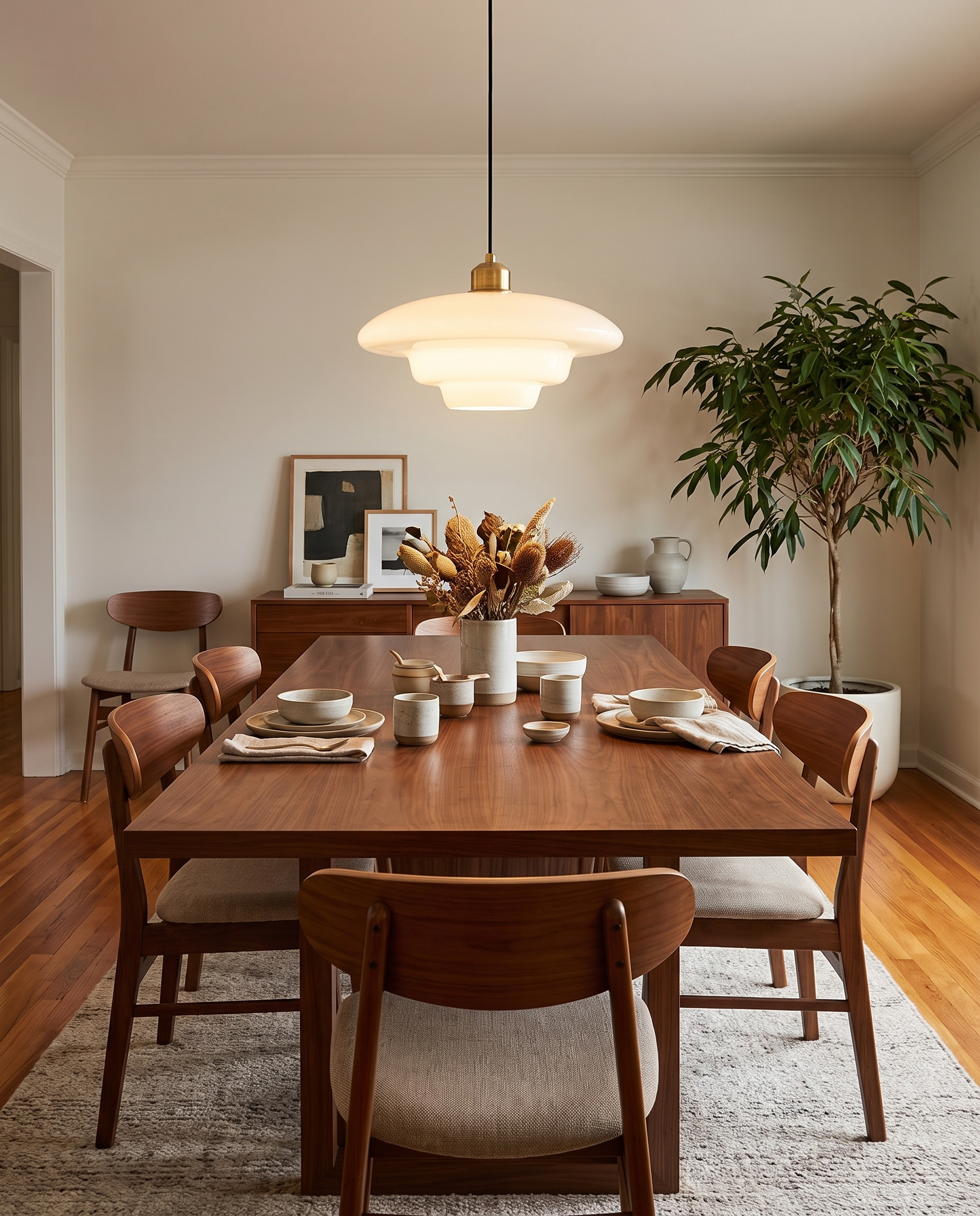 White glass pendant light styled above a dining table