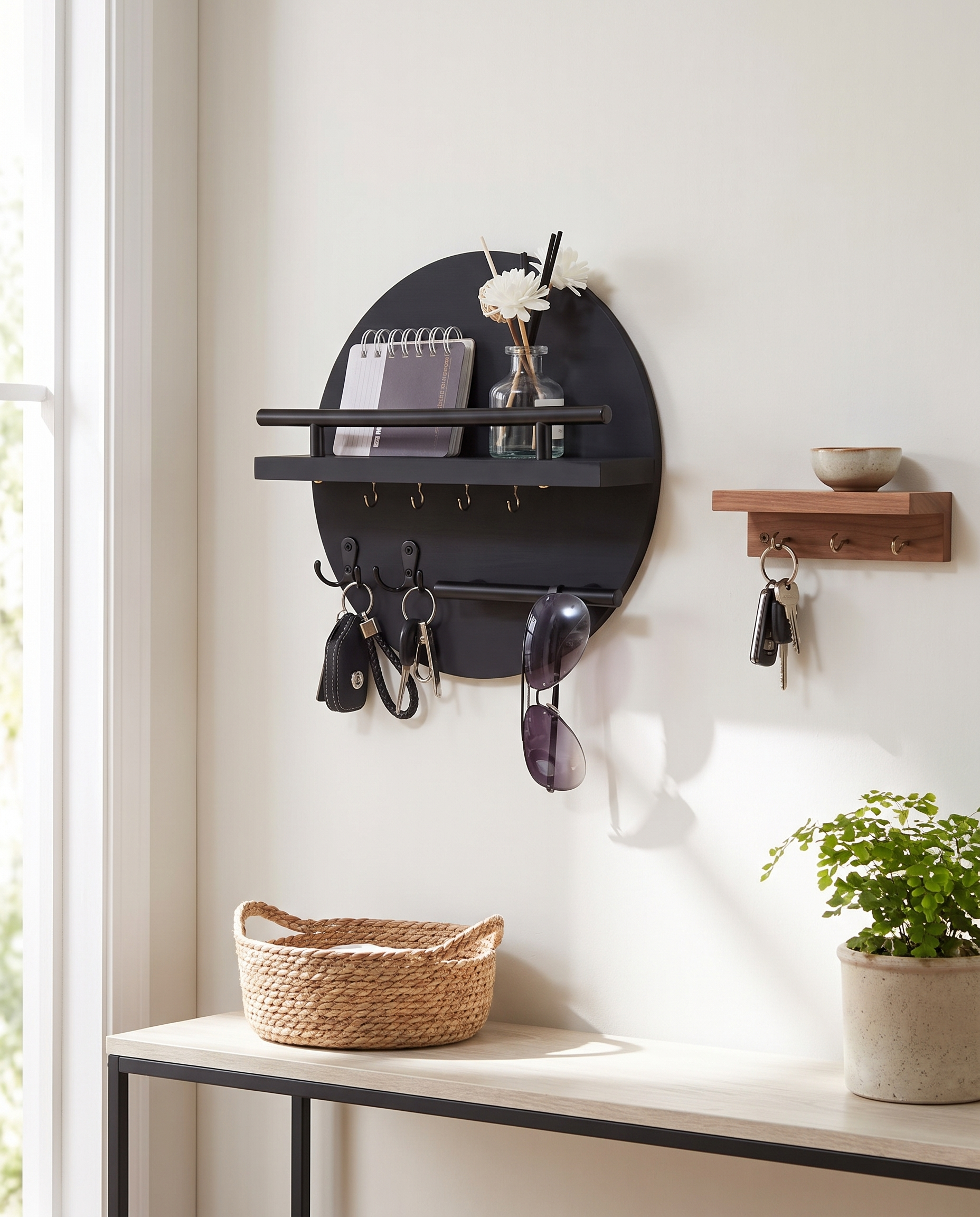 Round wooden key holder styled in an entryway