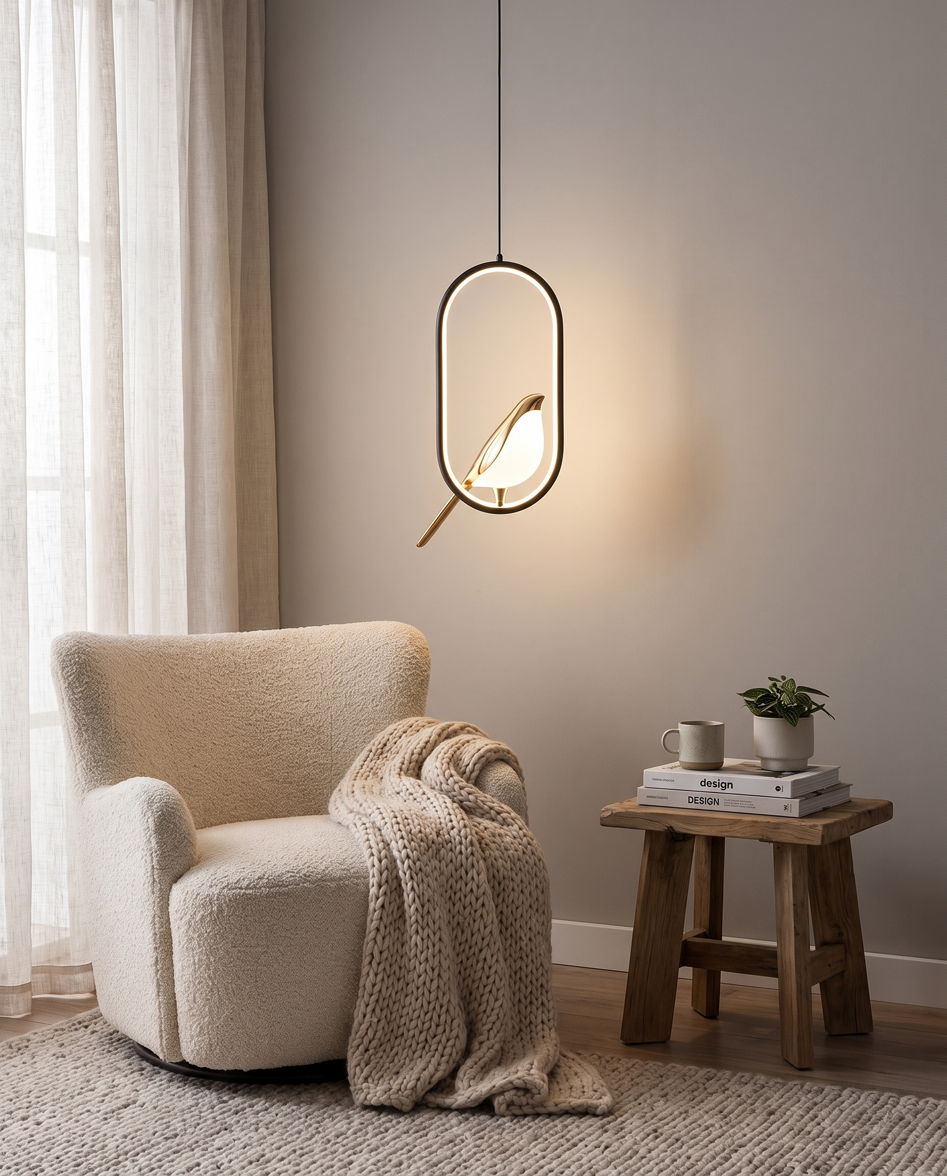 Magpie pendant light styled above a reading corner