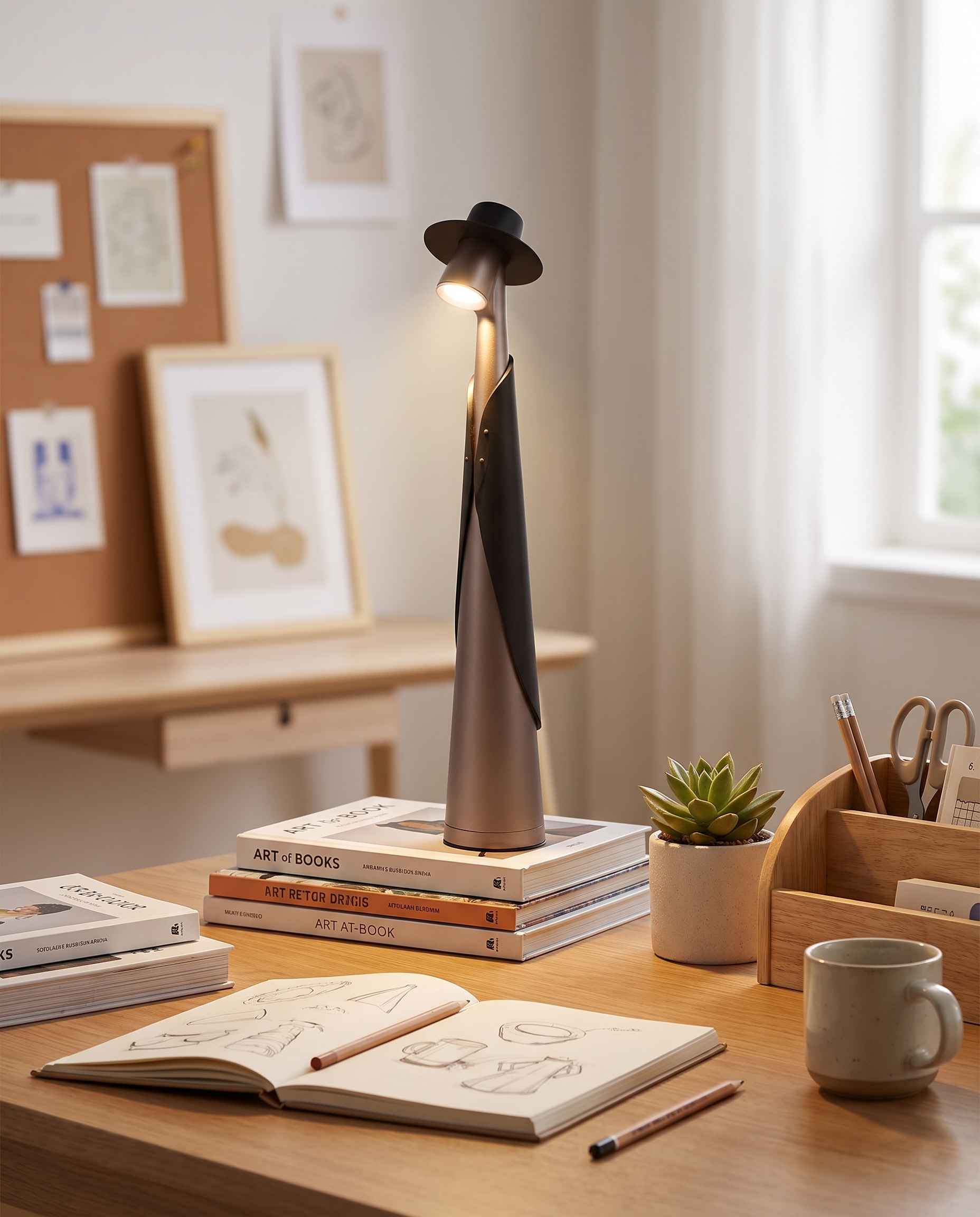 LED hat lamp styled on a creative desk workspace