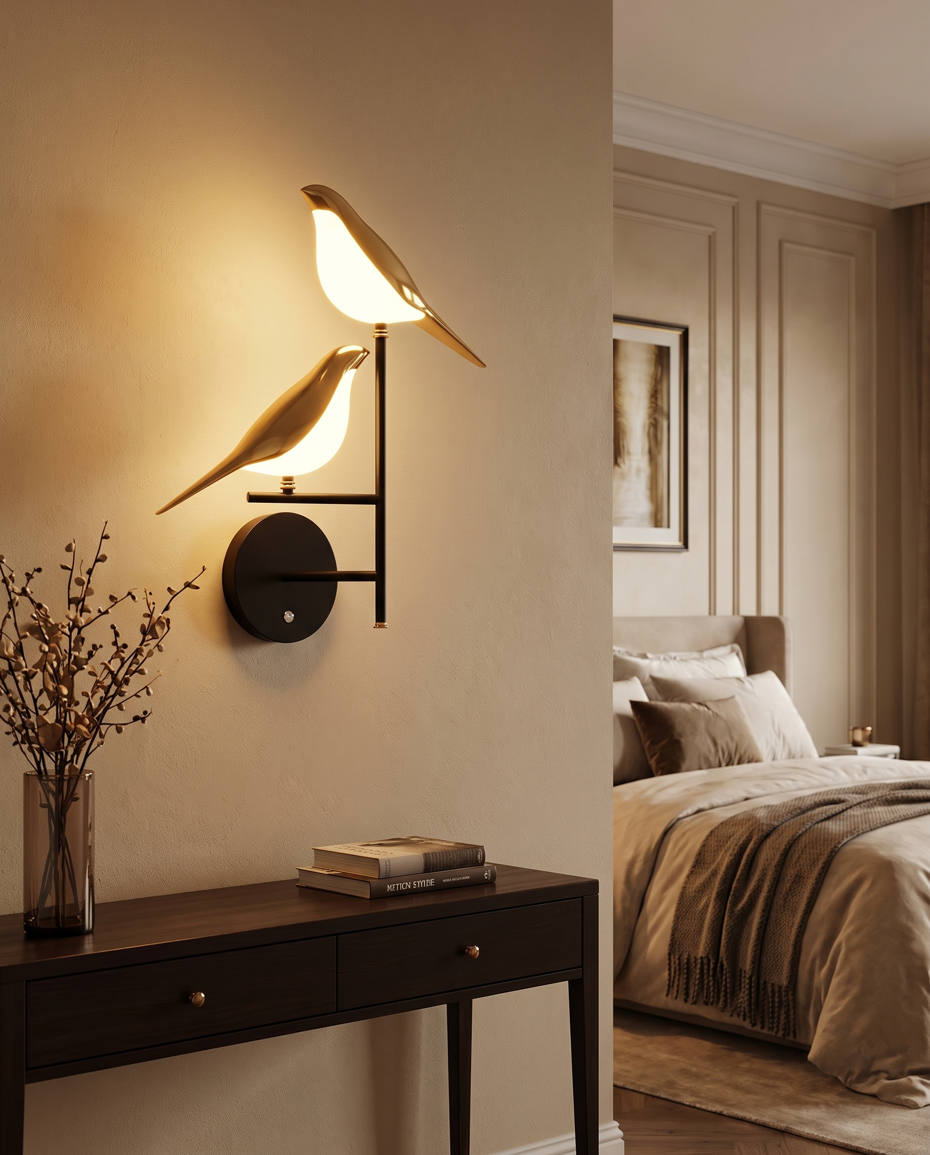 Golden Birdlight wall lamp styled in a bedroom