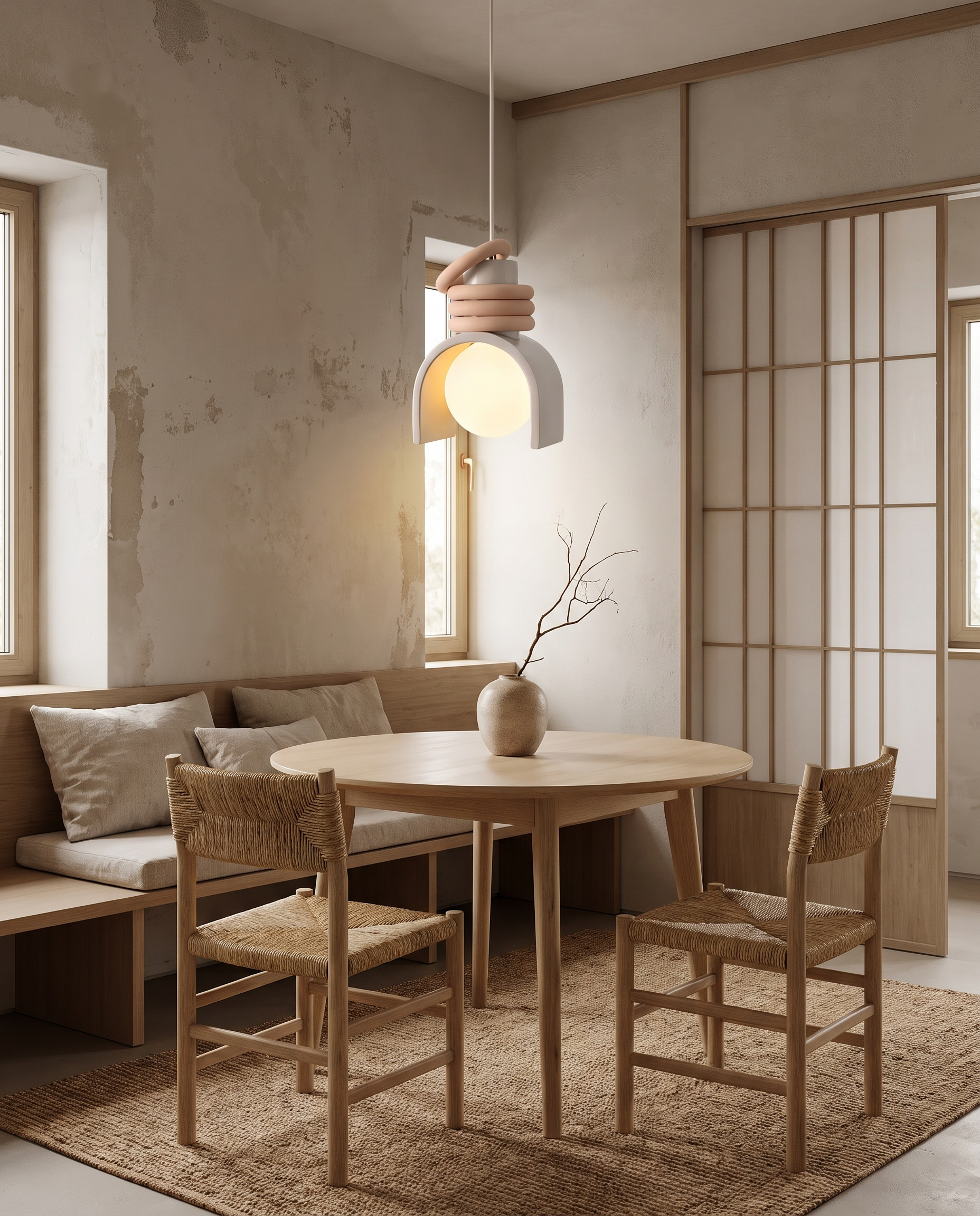 Wabi-sabi pendant light styled in a minimalist dining nook