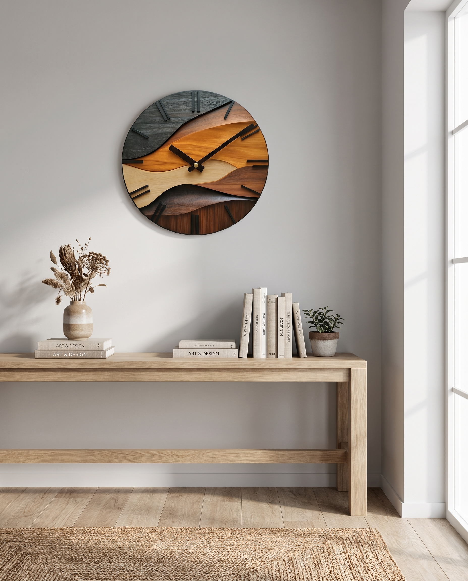 Artistic round wall clock styled above a console table