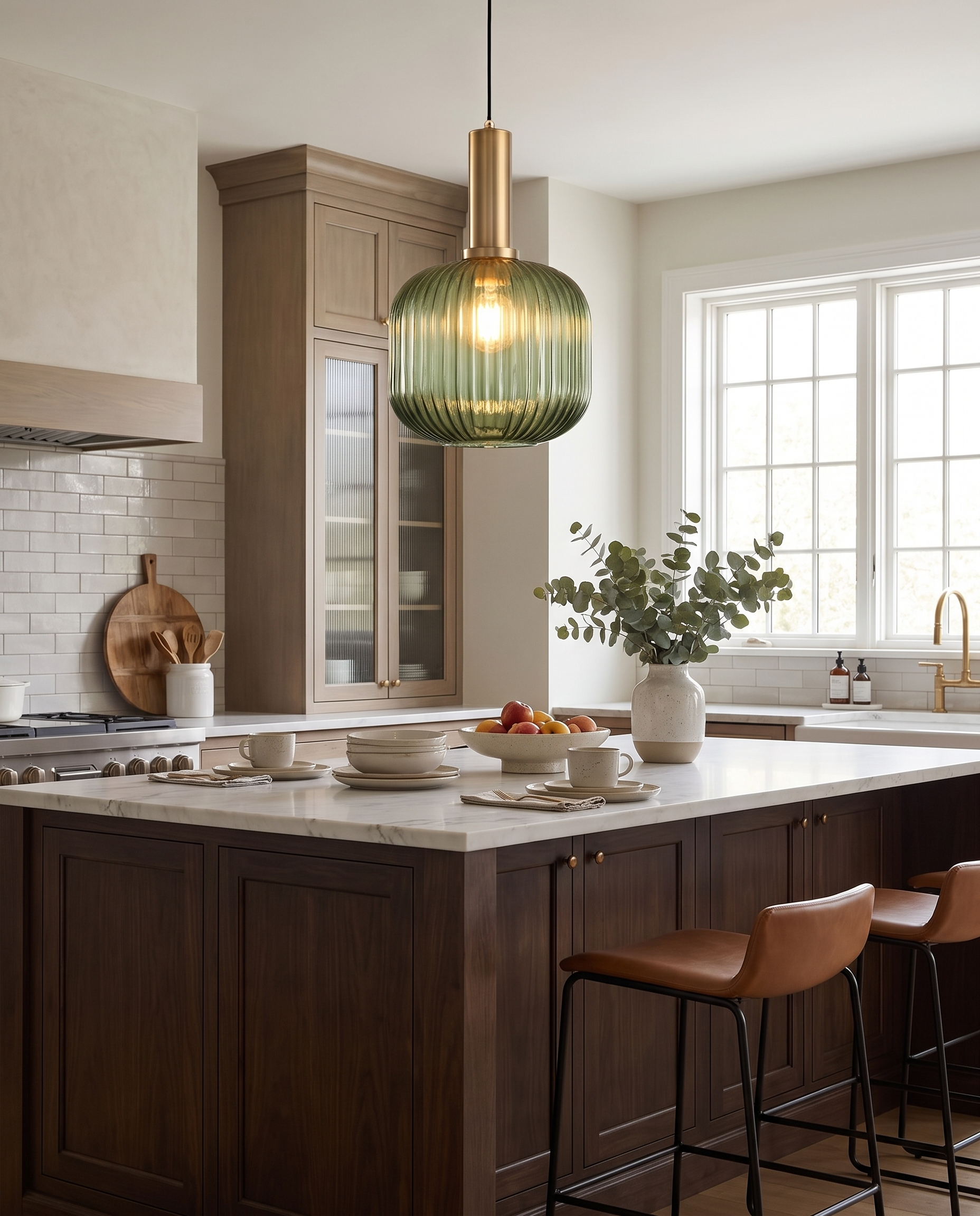 Striped glass pendant light styled above a kitchen island