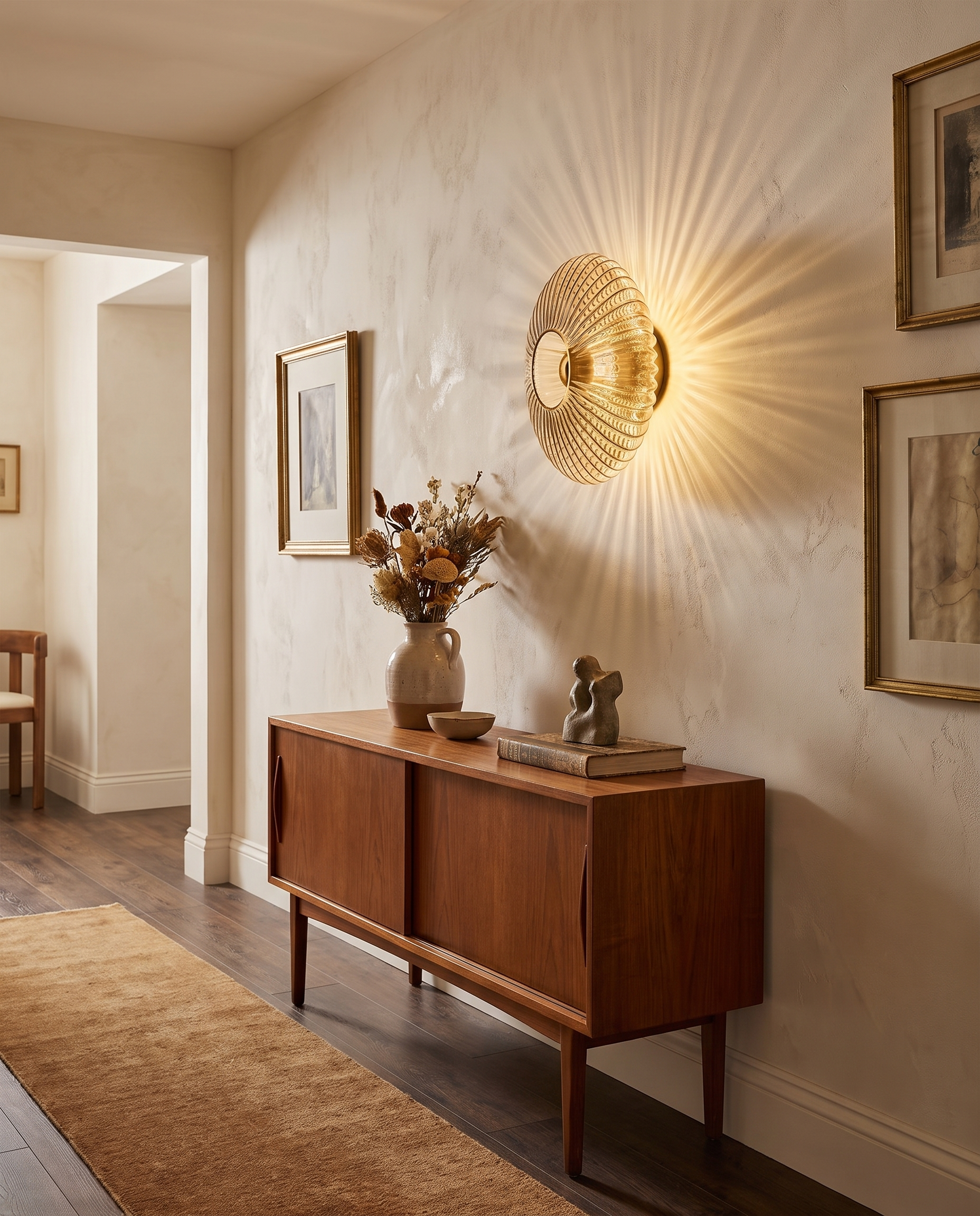 Nordic vintage glass wall sconce styled in a hallway