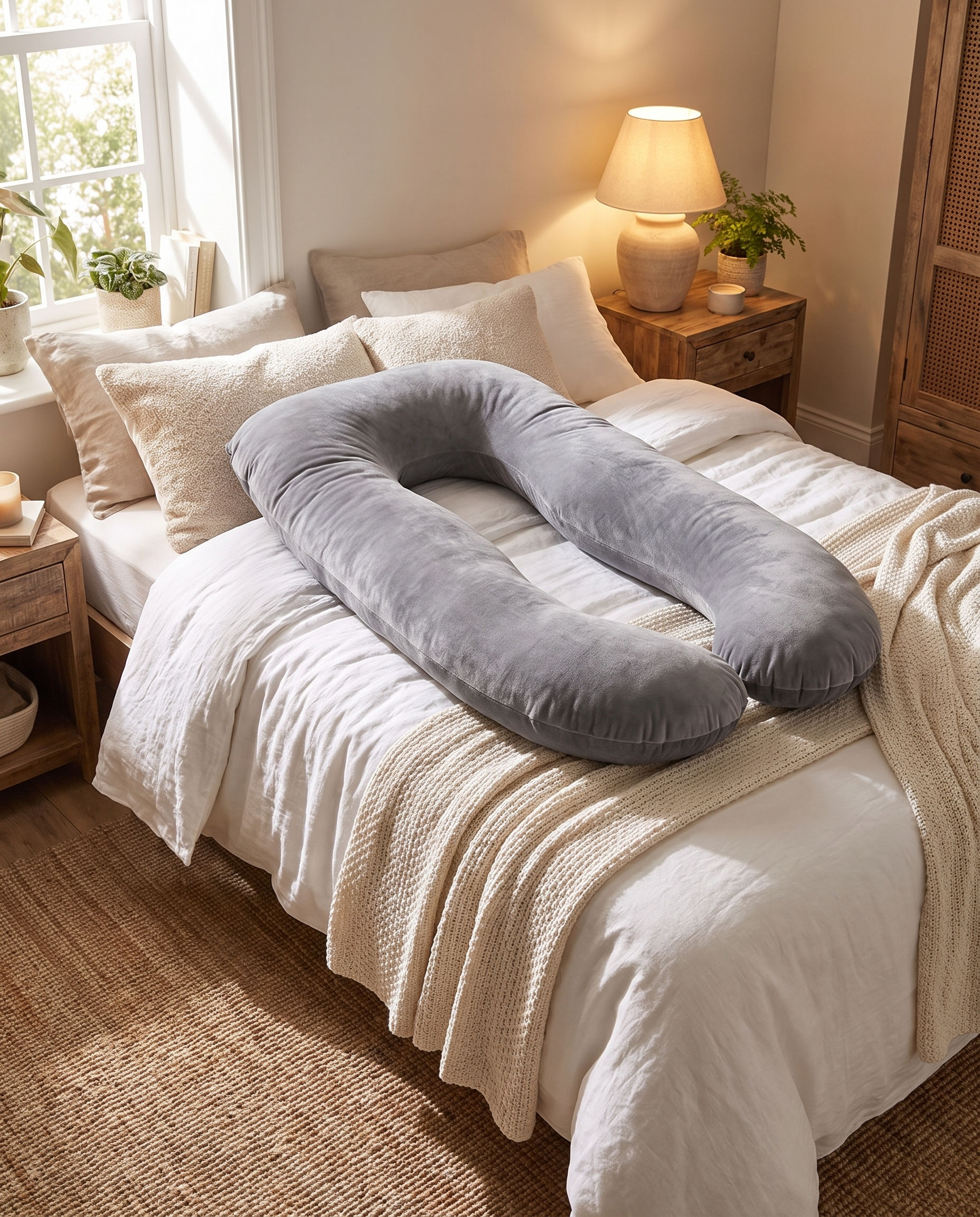 U-shaped pregnancy pillow styled on a cozy bed