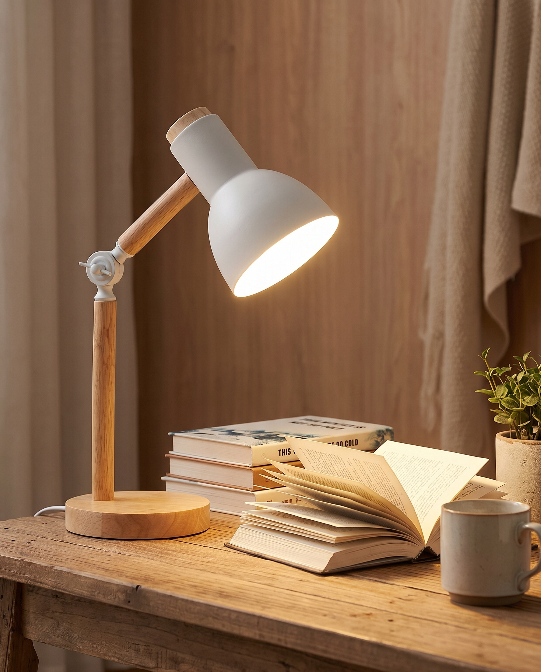 Nordic wooden desk lamp styled on a study desk