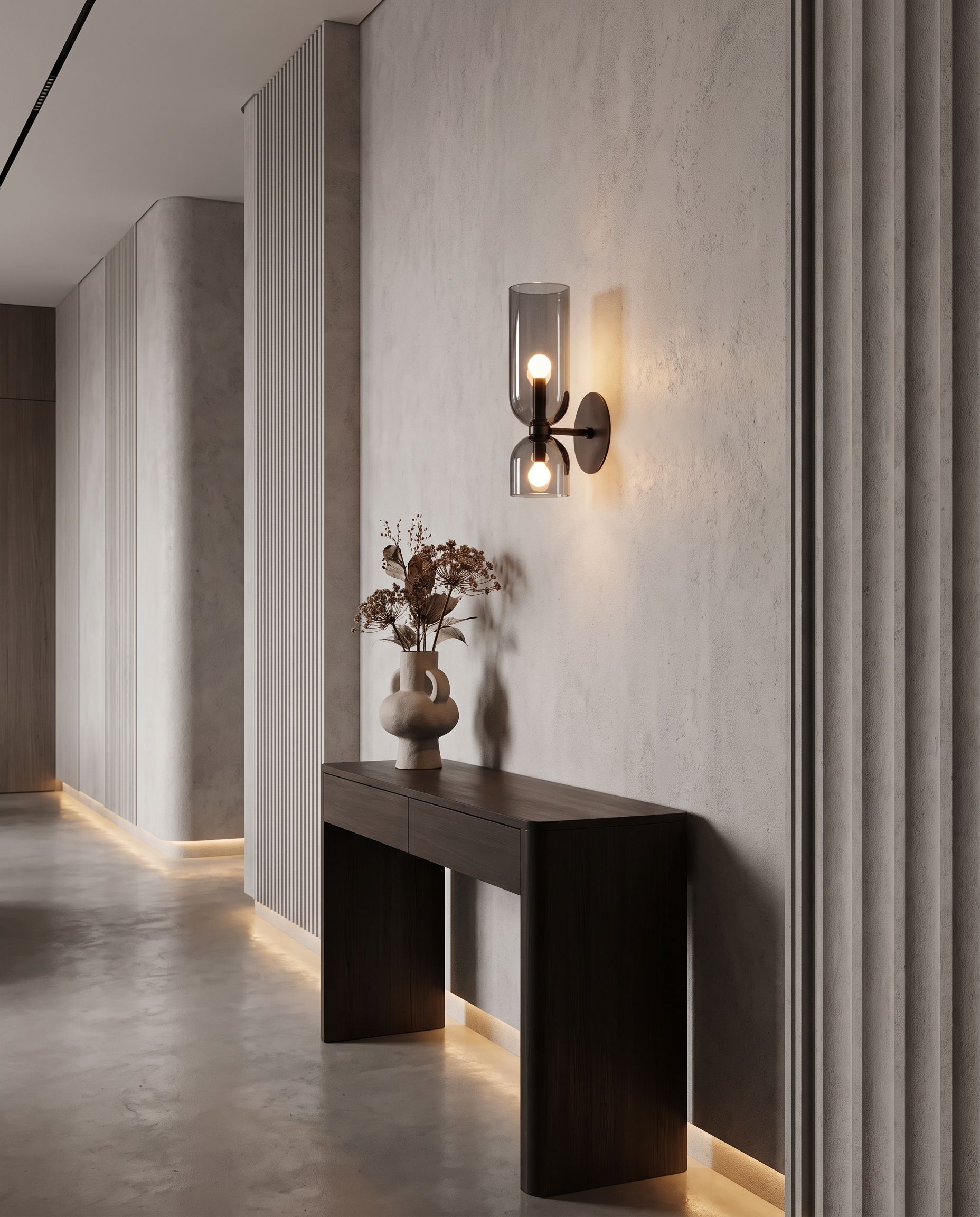 Nordic smoked glass wall lamp styled in a luxury hallway