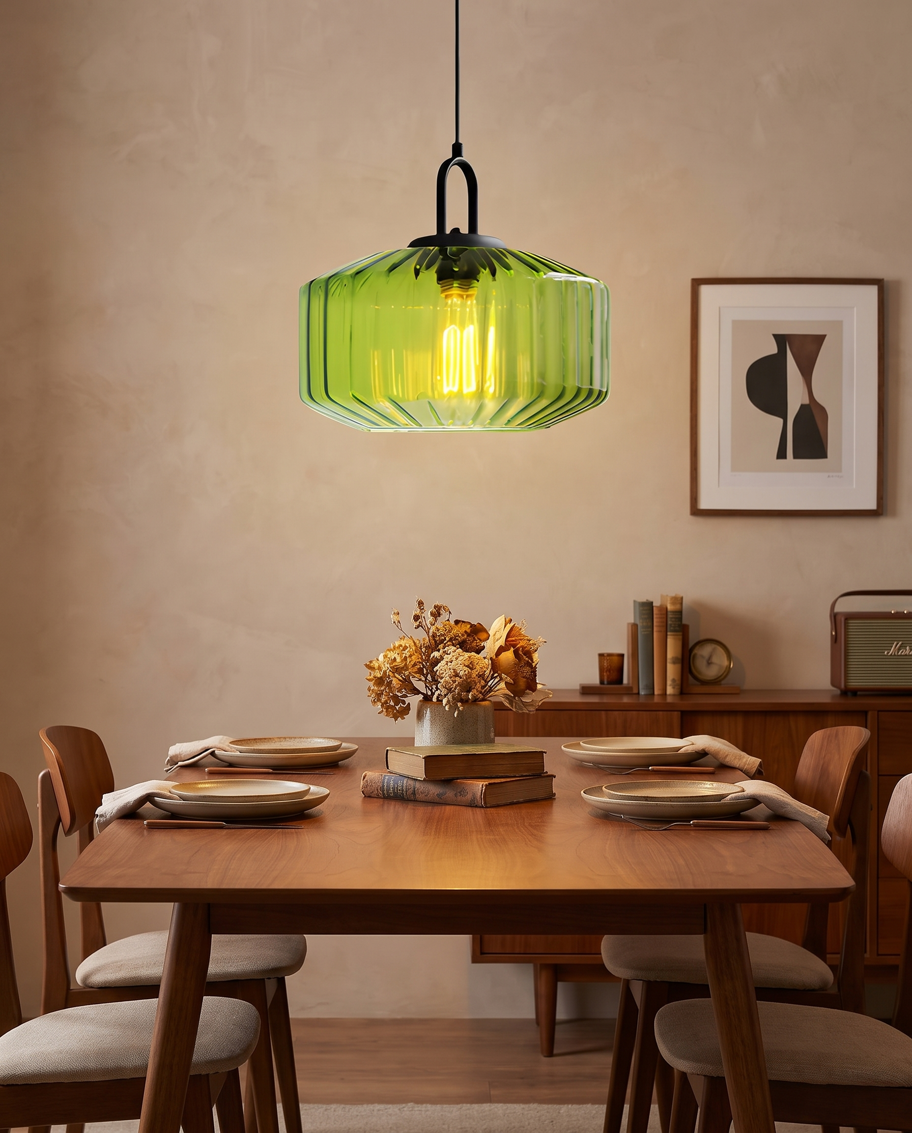 Mireta glass pendant light styled above a dining table