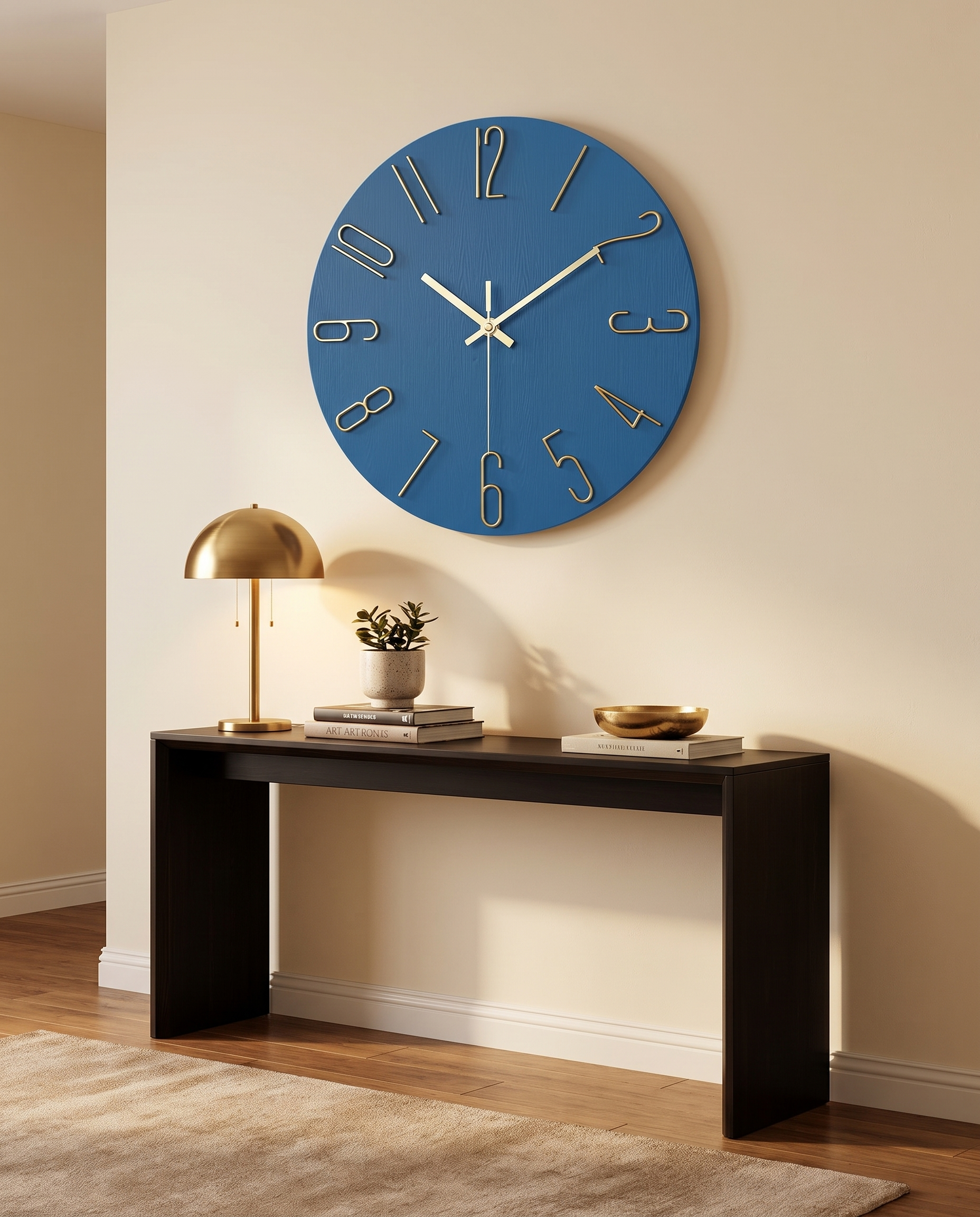 Noble modern wall clock styled above a console table
