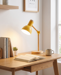 Nordic wooden LED desk lamp styled on a study desk