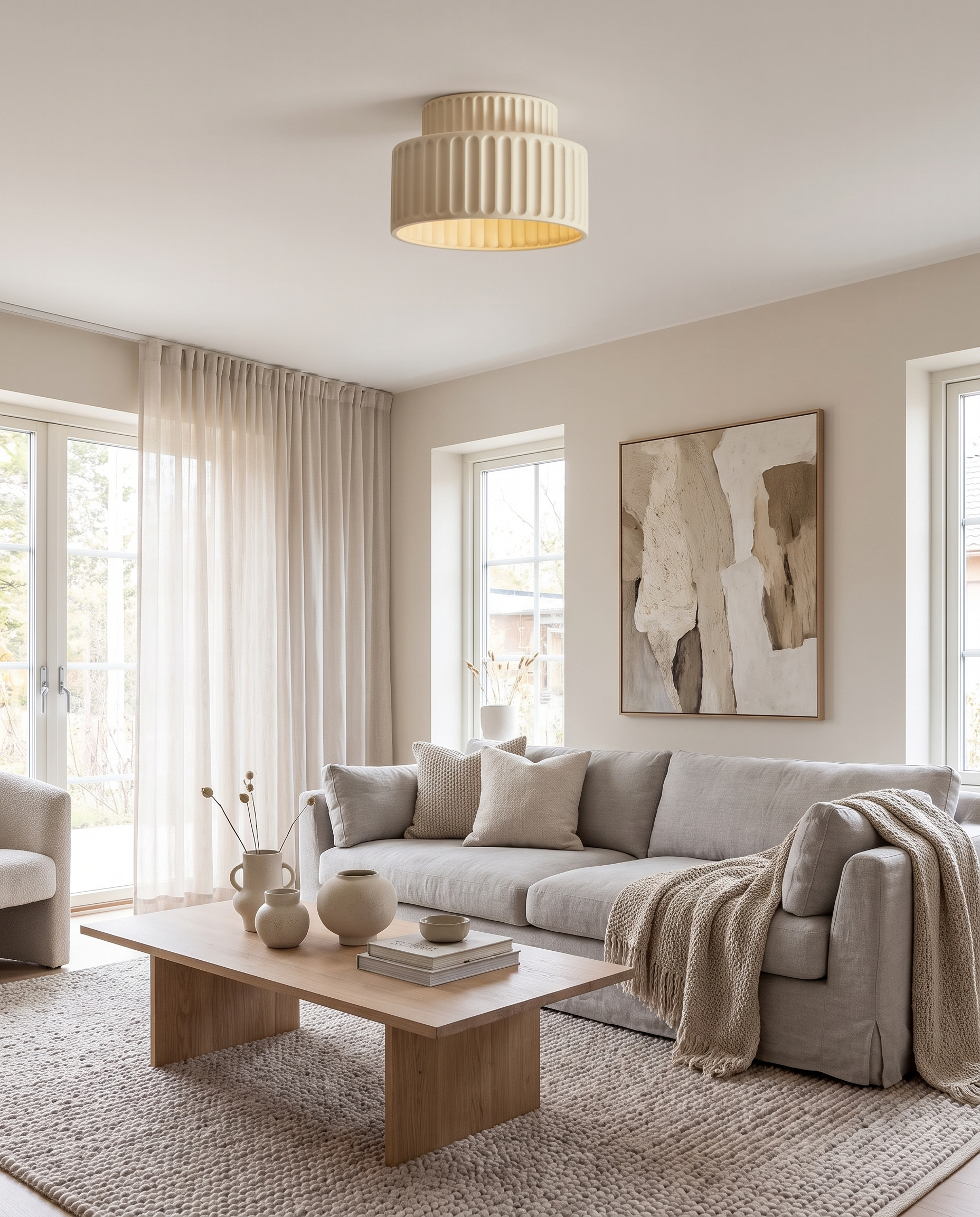 Nordic ripple ceiling light styled in a refined living room