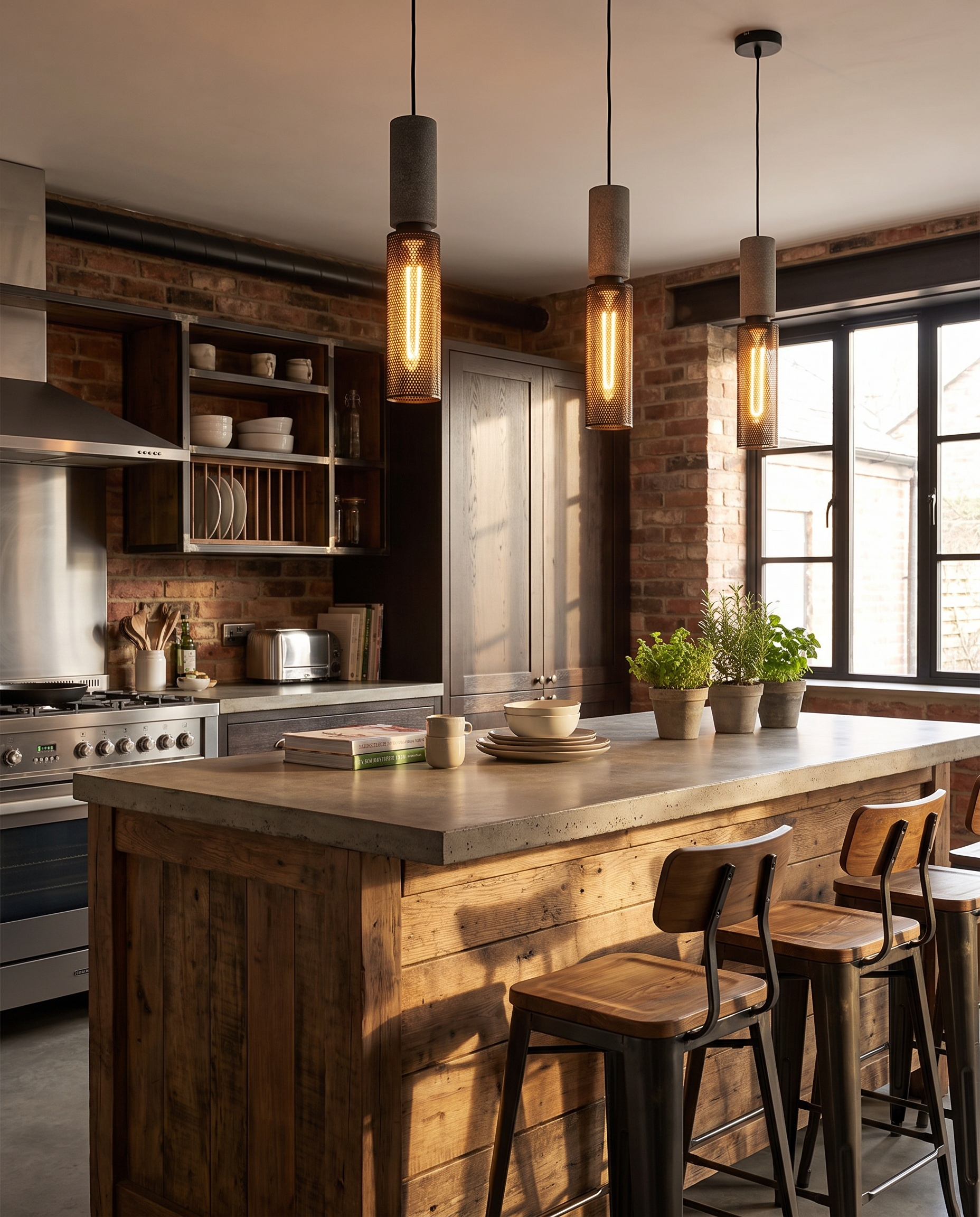 Urban concrete pendant light styled above a kitchen island