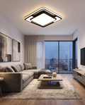 Remote-controlled geometric LED ceiling light styled in a modern living room