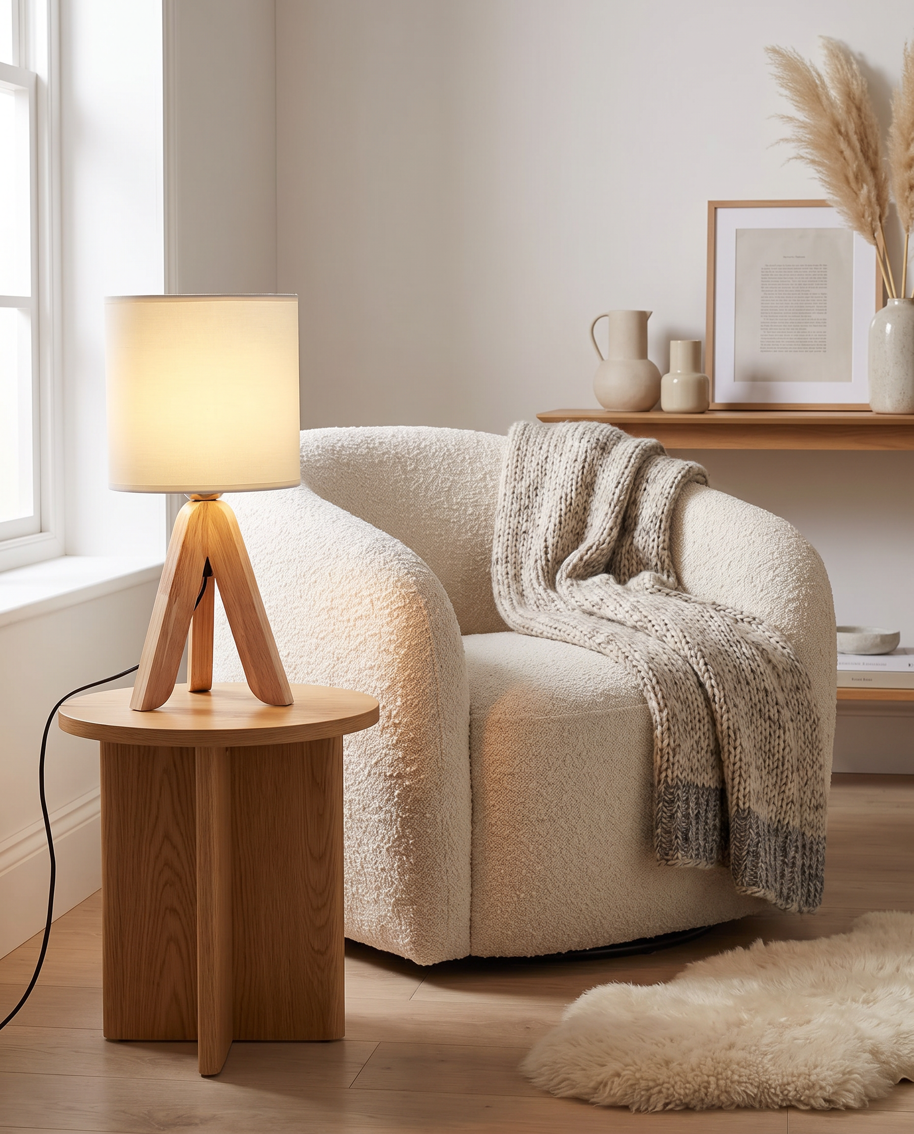 Nordic wooden tripod table lamp styled beside an armchair