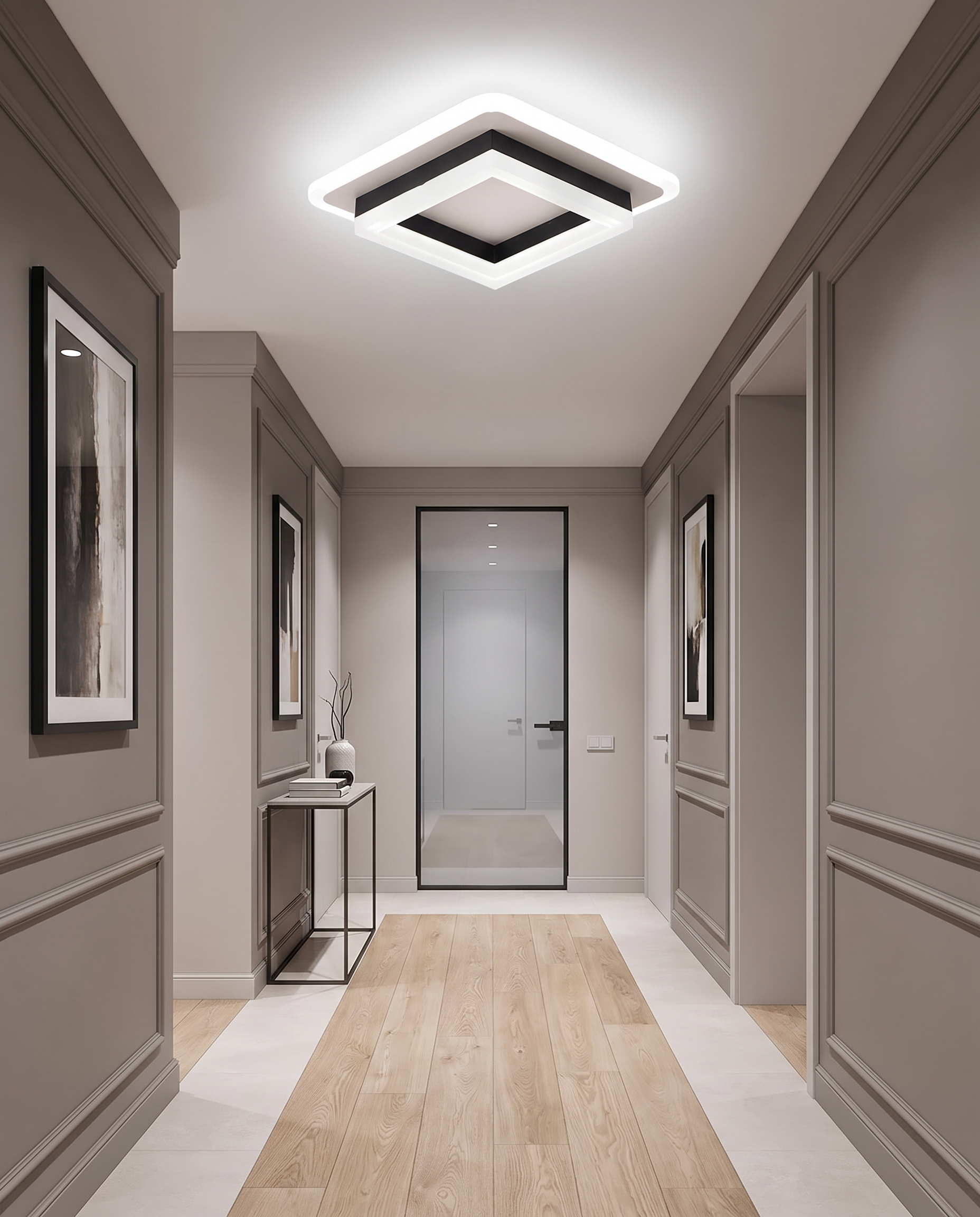 Square LED ceiling light styled in a modern hallway