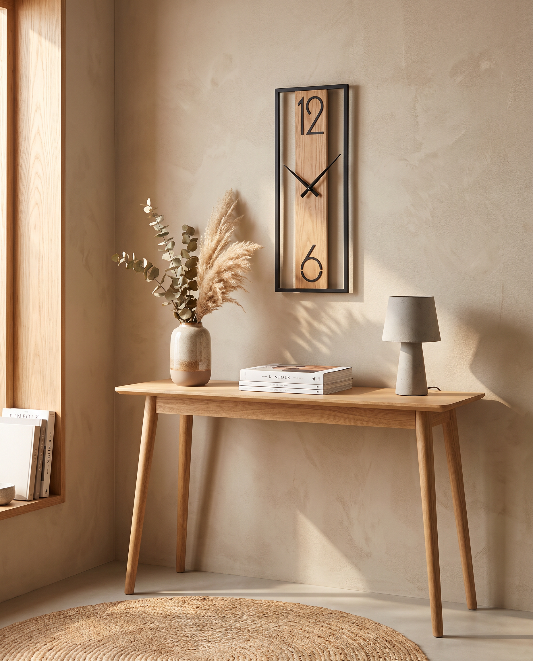 Slim rectangular wood-frame wall clock styled above a console table