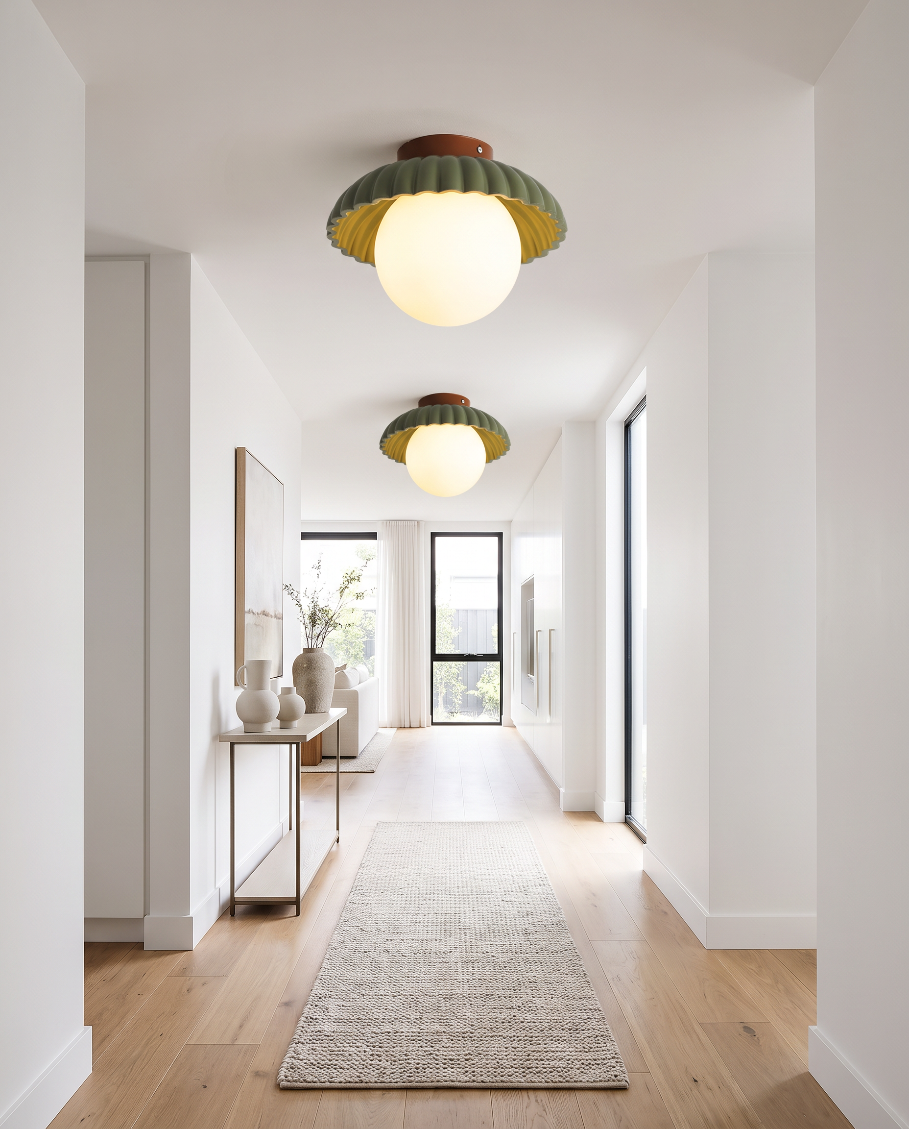Iron and glass hallway ceiling light styled in a modern hallway