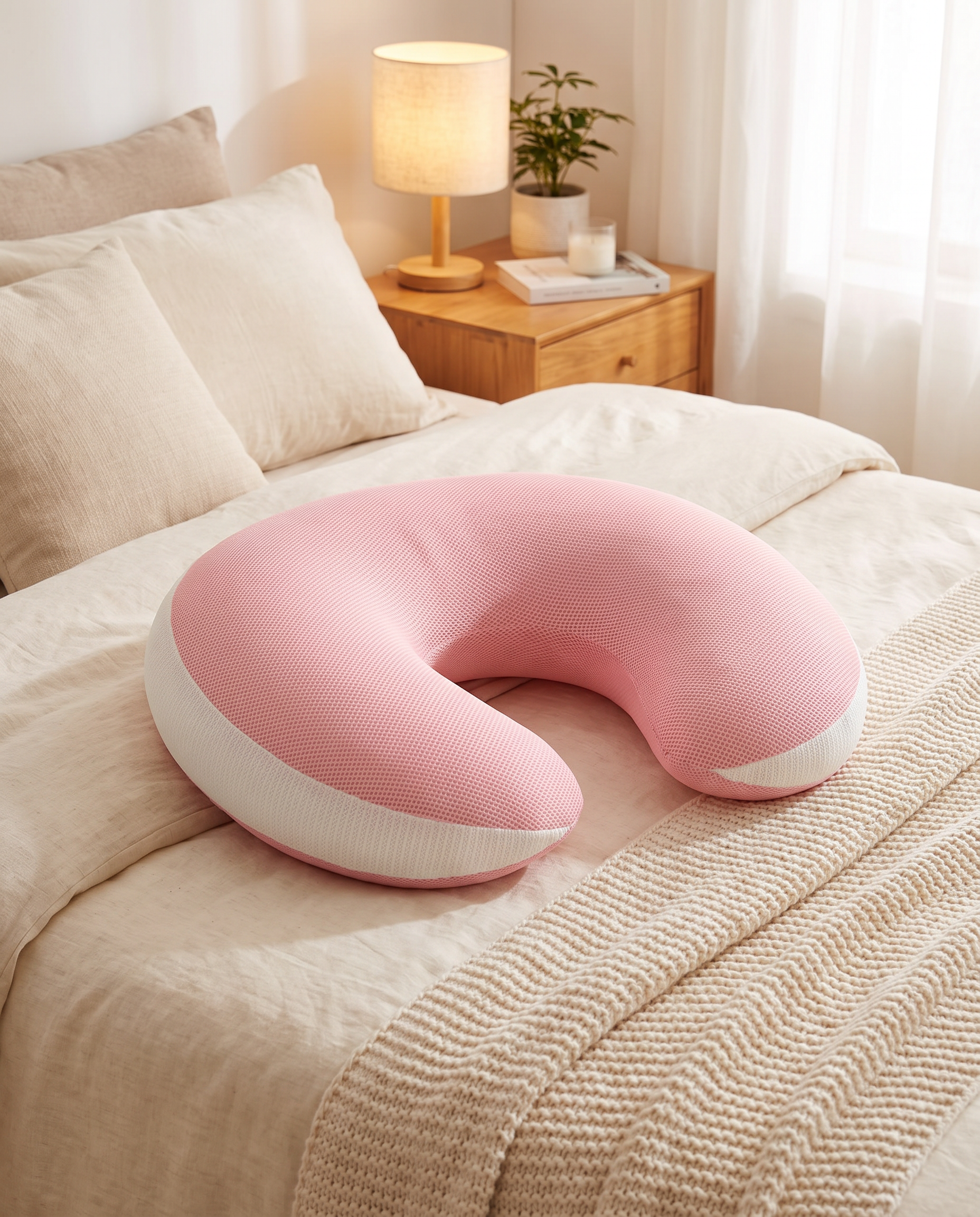 Adjustable pregnancy pillow styled on a cozy bed