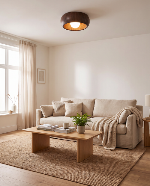 Albanora minimalist wooden LED ceiling lamp styled in a warm living room
