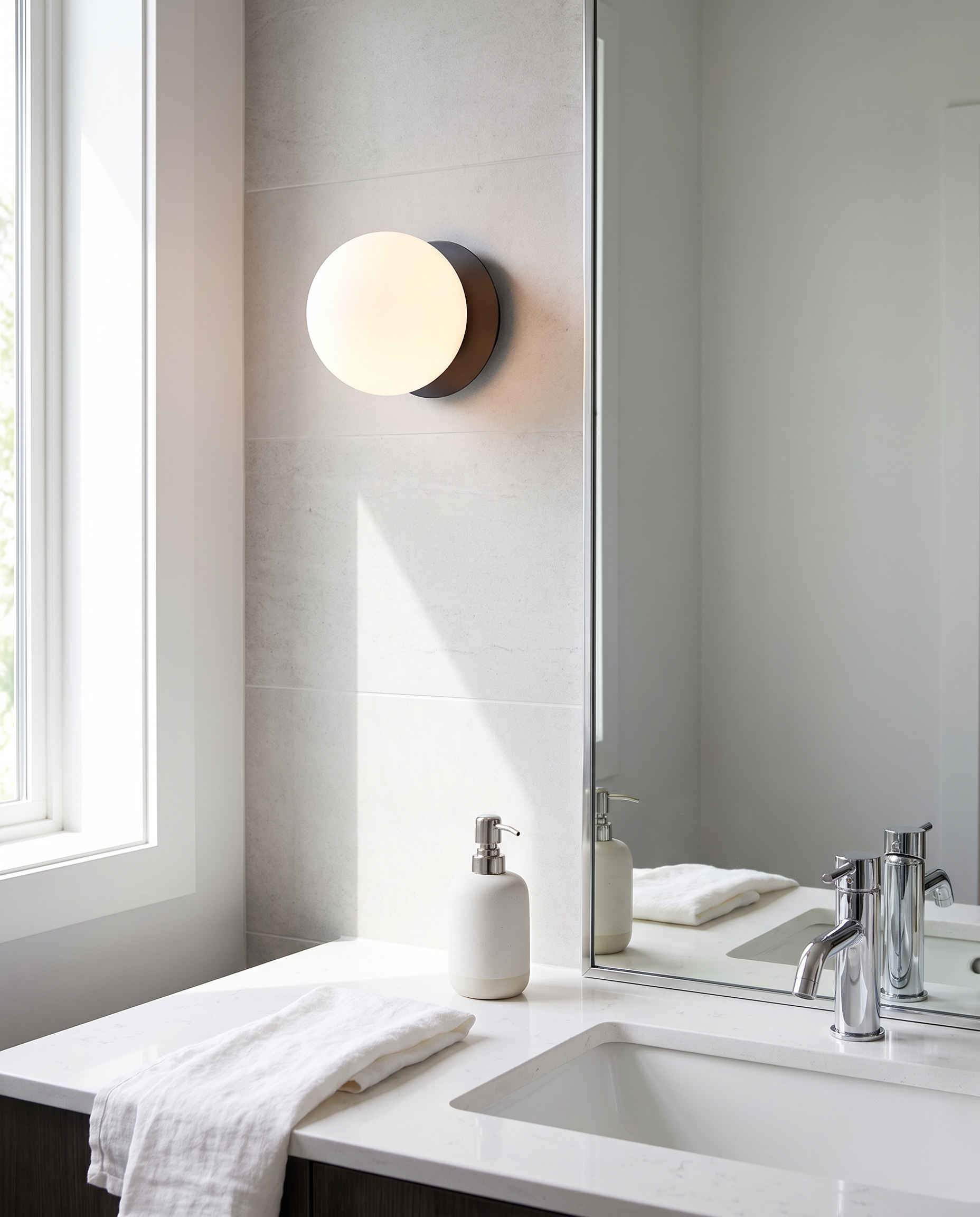 Nordic globe glass wall lamp styled beside a bathroom mirror