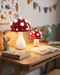 Amanita mushroom-inspired LED table lamp styled on a desk