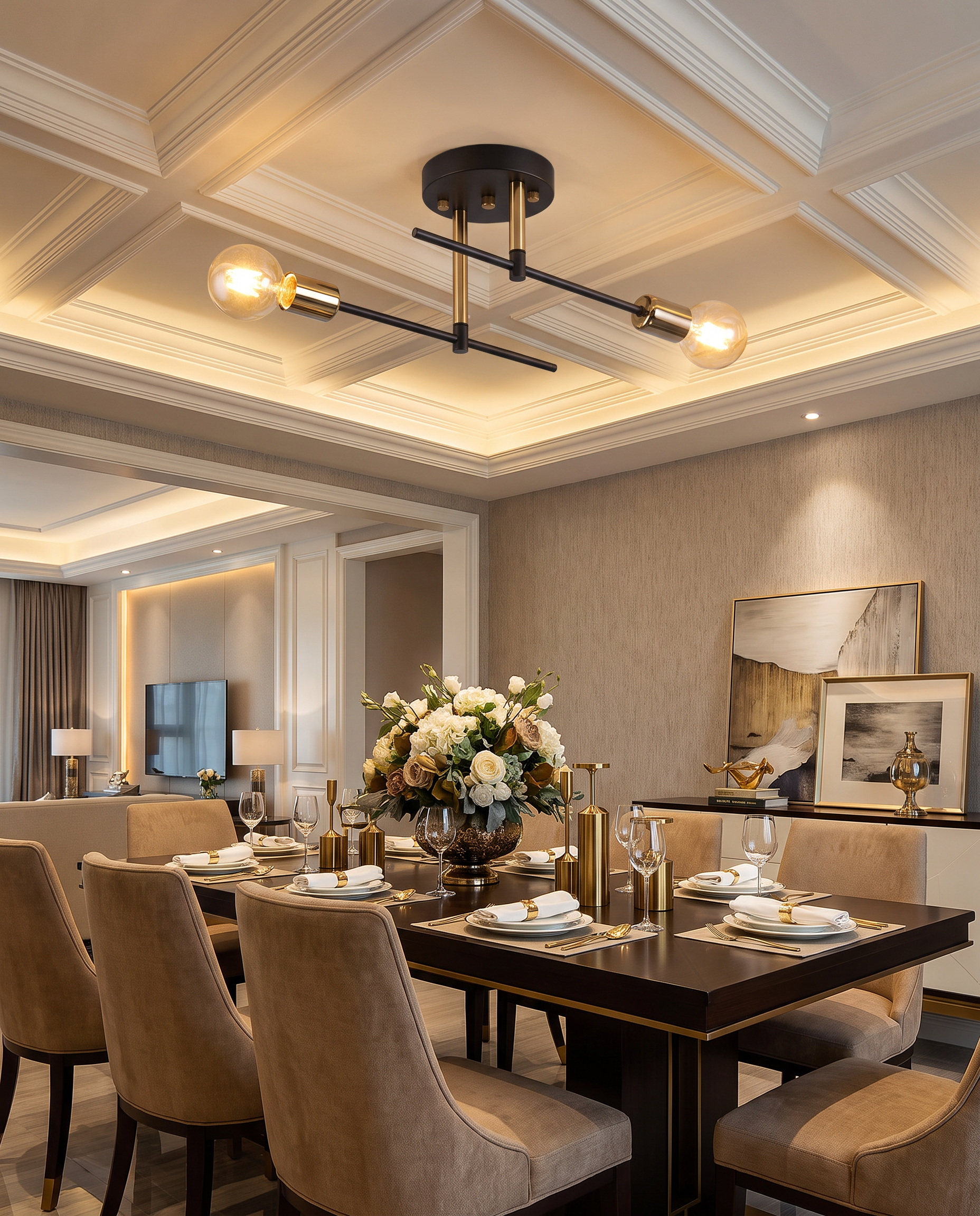 Black and gold 2-light ceiling lamp styled in an elegant dining room